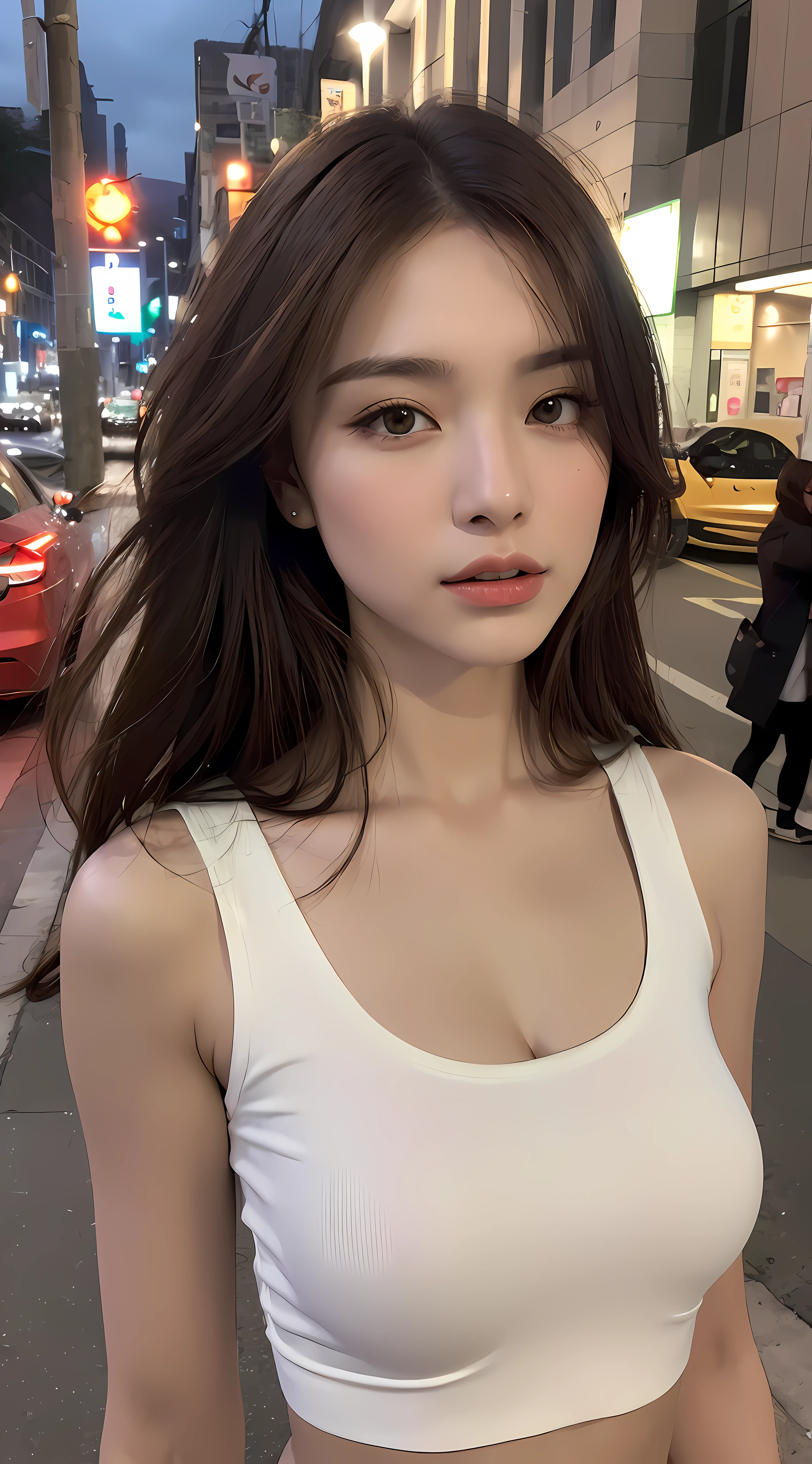 ((Realistic lighting, Best quality, 8K, Masterpiece: 1.3)), Clear focus: 1.2, 1girl, Perfect Figure: 1.4, Slim Abs: 1.1, ((Dark brown hair)), (White crop top: 1.4), (Outdoor, Night: 1.1), City streets, Super fine face, Fine eyes, Double eyelids,