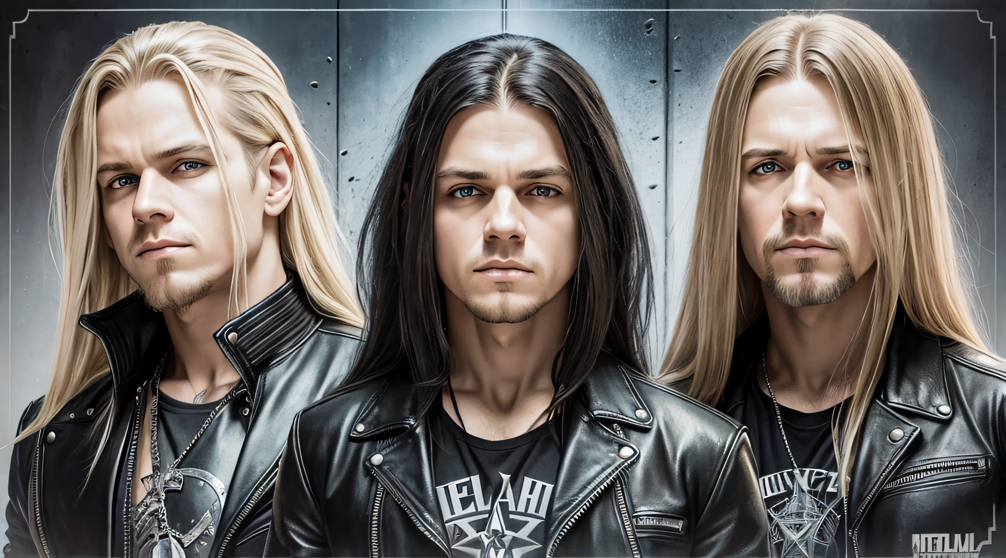 3 BOYS Russian children with 20 years WITH LONG STRAIGHT BLONDE HAIR, LEATHER JACKET AND BLACK CLOTHING, PORTRAIT STYLE, a closeup, album cover, evil album cover, alternate album cover, metal album cover, album cover, 2 0 0 6 promotional publicity photo, metallica, heavy rock band promotional photo,  Drew Struzan Tomasz Alen Kopera, album art, album cover art, Megadeth, Maiden, album, Heavy metal album cover