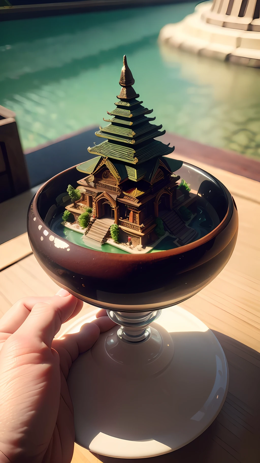 mini\(ttp\), (8k, RAW photo, best quality, masterpiece:1.2), cultural Denpasar city, isometric, miniature, landscape, glass bowl,