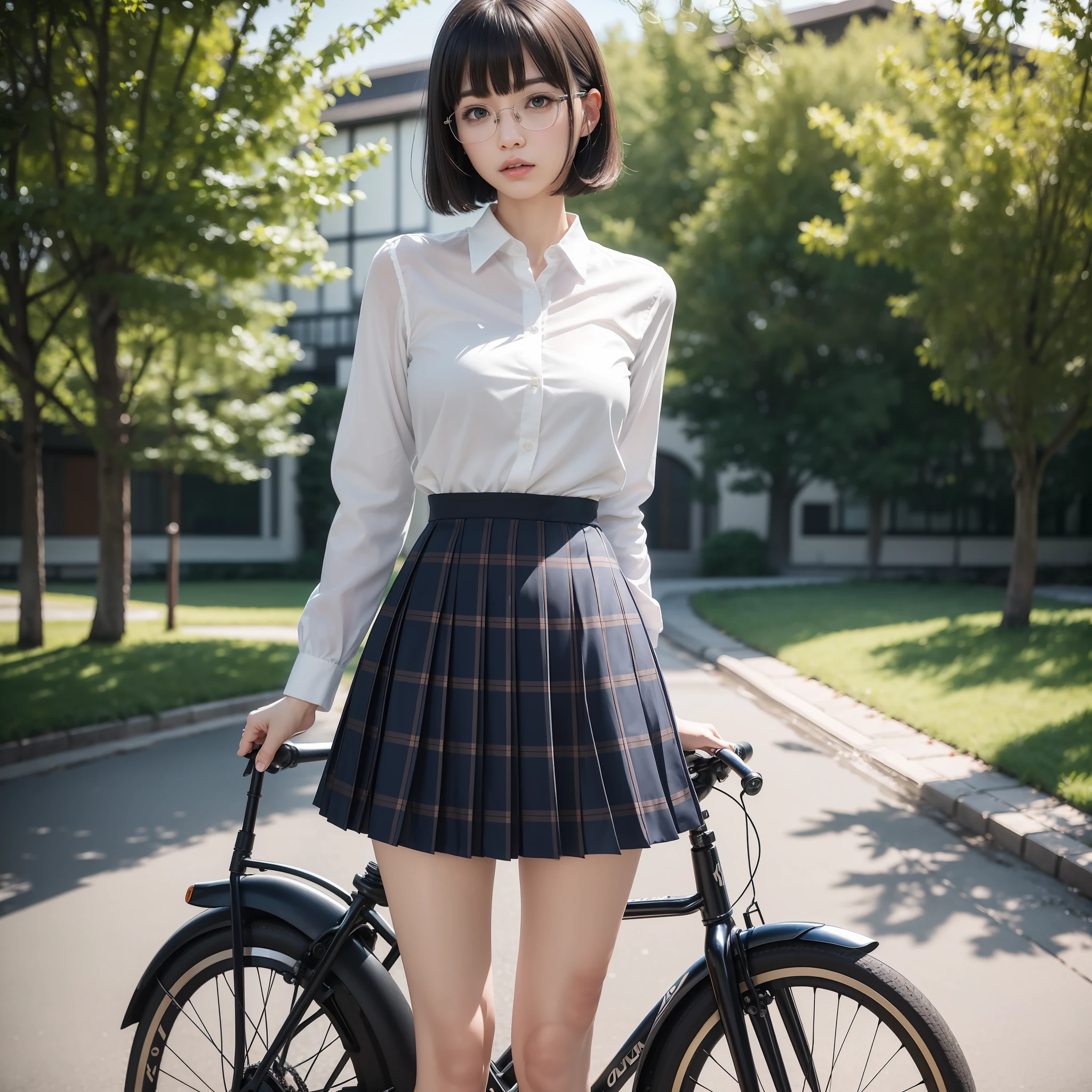 (8K, RAW Photos, Best Quality, Masterpiece: 1.2), Short Hair, Black Eyes, Alone, Solo, Glasses, Chinese Woman, Standing, Tight Eyes, Skinny, Gritty, Angry, Small, Flat Breasts (Realistic, Photorealistic: 1.37), Best Quality, Ultra High Resolution, Photon Mapping, Radiosity, Physically Based Rendering, Blurred, Foreground, Depth of Field, Blurry Background, Photo _\ (medium), motion blur, girl, (full) body), long legs, slender legs, medium hair, bangs, (bangs visible), hair_ornament, lips, blue_eyes, nosesoft, china, white shirt, navy blue and white plaid pleated skirt, sheer clothing, black loafers, thigh, black cotton socks,