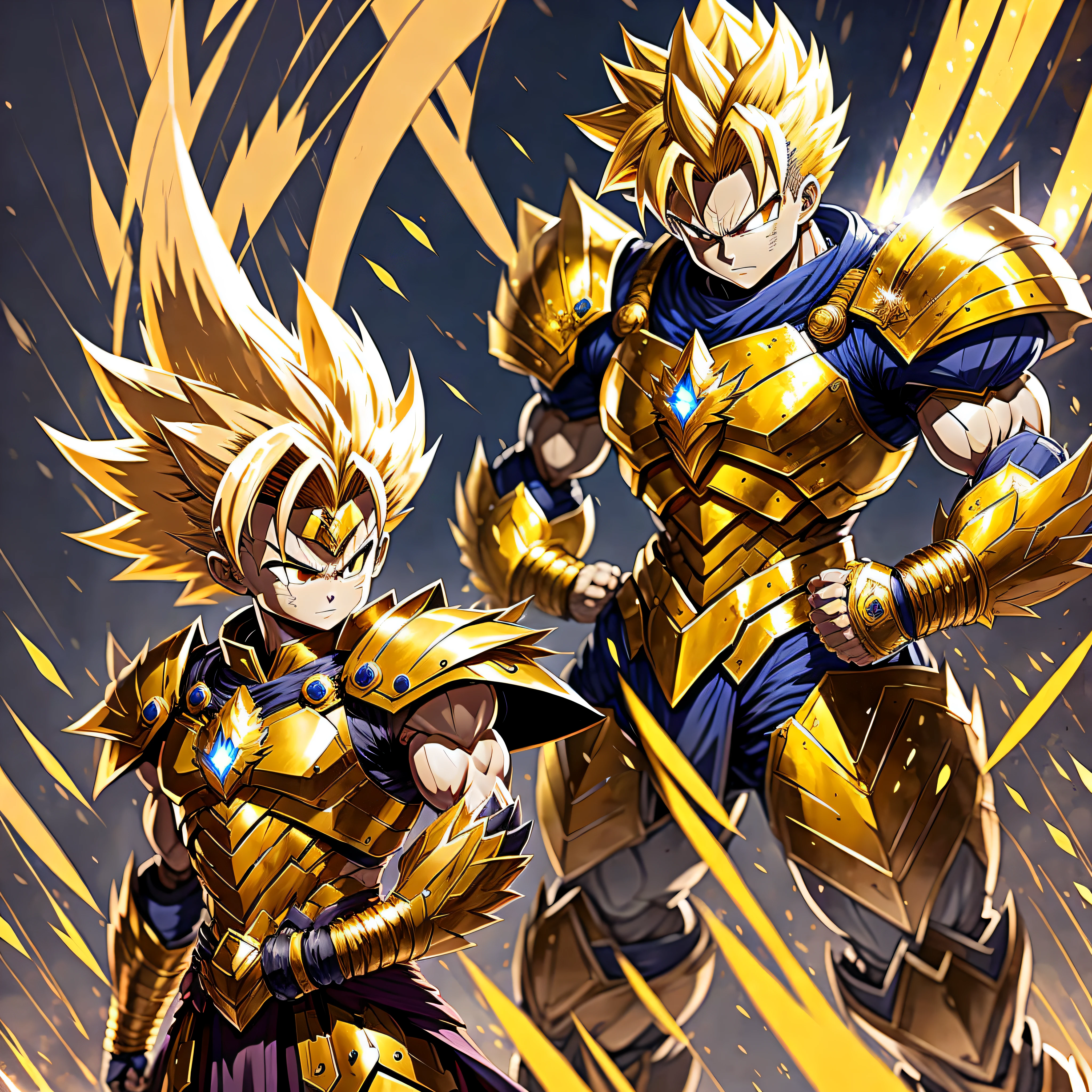 Gohan Super Sayan with Golden Armor, Gohan Super Sayajin, Armor Covering Arms and Legs, Phoenix Ikki Armor, Paladin Armor, Super Realistic, Ultra Rendered Image, Super Realistic Photo, Ultra Rendered CGI --auto --s2