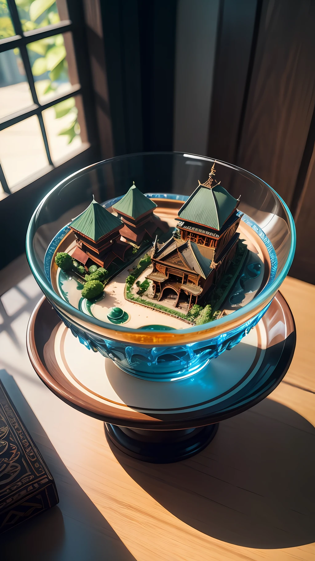 mini\(ttp\), (8k, RAW photo, best quality, masterpiece:1.2), cultural Denpasar city, isometric, miniature, landscape, glass bowl,