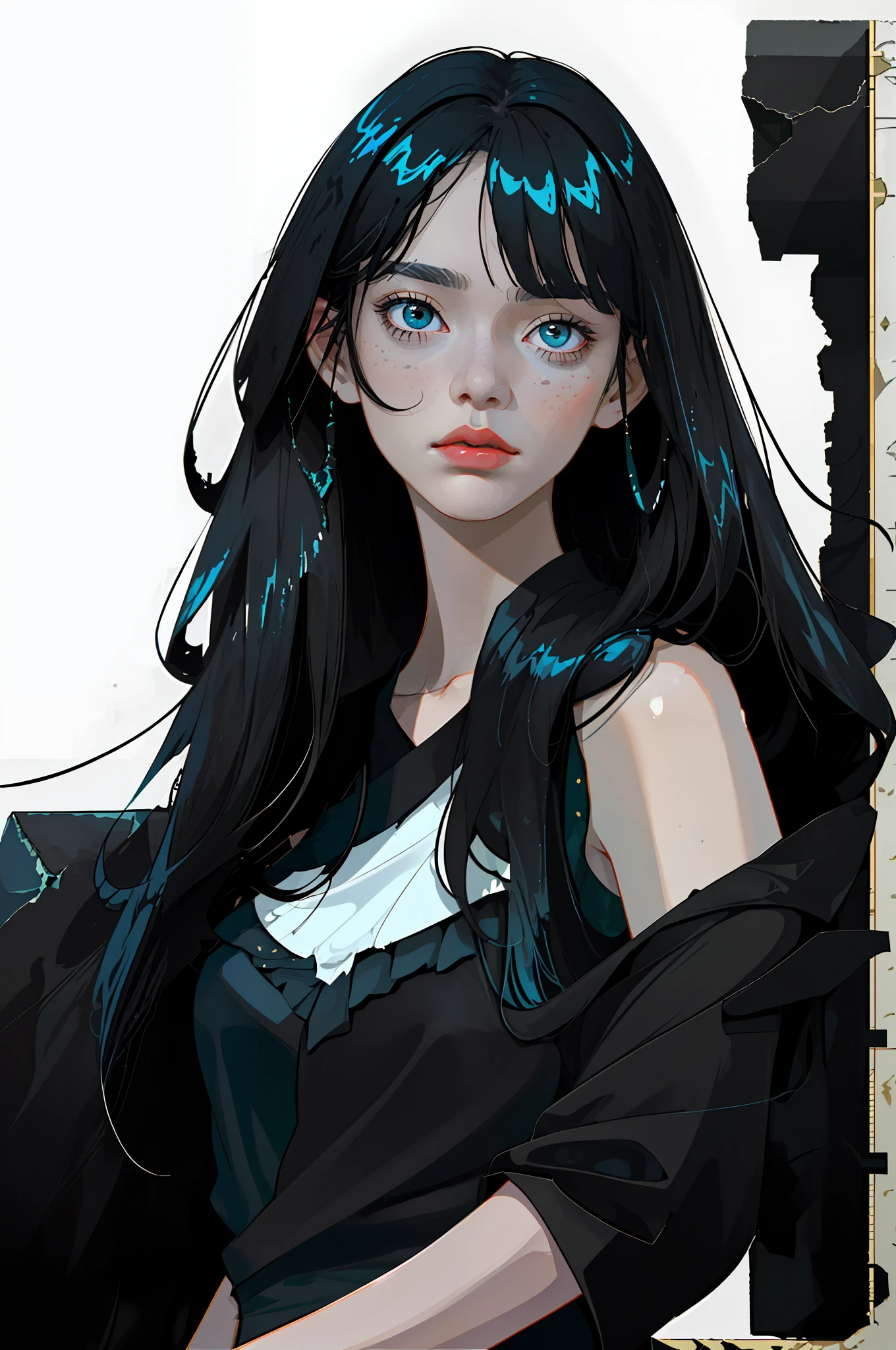 Best Quality, High Quality, 8K, 1 Girl, Long Black Turquoise Hair, Slanted Bangs, Loose White Shirt, ((Dark Circles)), Messy Hair, ((Decadence)), Black Eyes, Bare Shoulders, Half Squinted Eyes