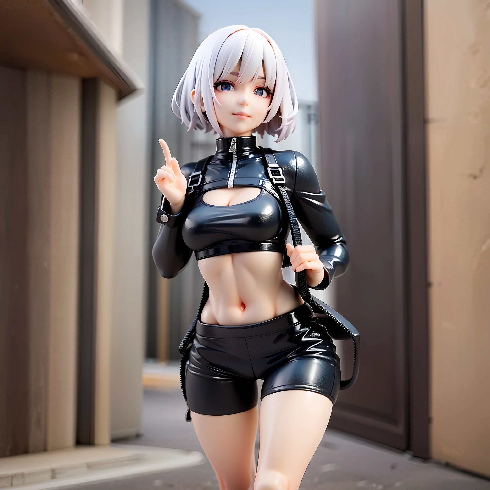 white hair, short cut,1girl,short pants, sneakers, beautiful eye, full body, dancing, looking away, black suit,[realistic], [3d], smile, closed mouth,(8k, RAW photo, best quality, masterpiece:1.2), ultra high res, photo realistic, professional lighting, detailed lighting, professional photography, high quality, high res, extremely detailed, bloom, depth of field, sketch, sharp focus, soft lighting, detailed, detailed skin, to8contrast style