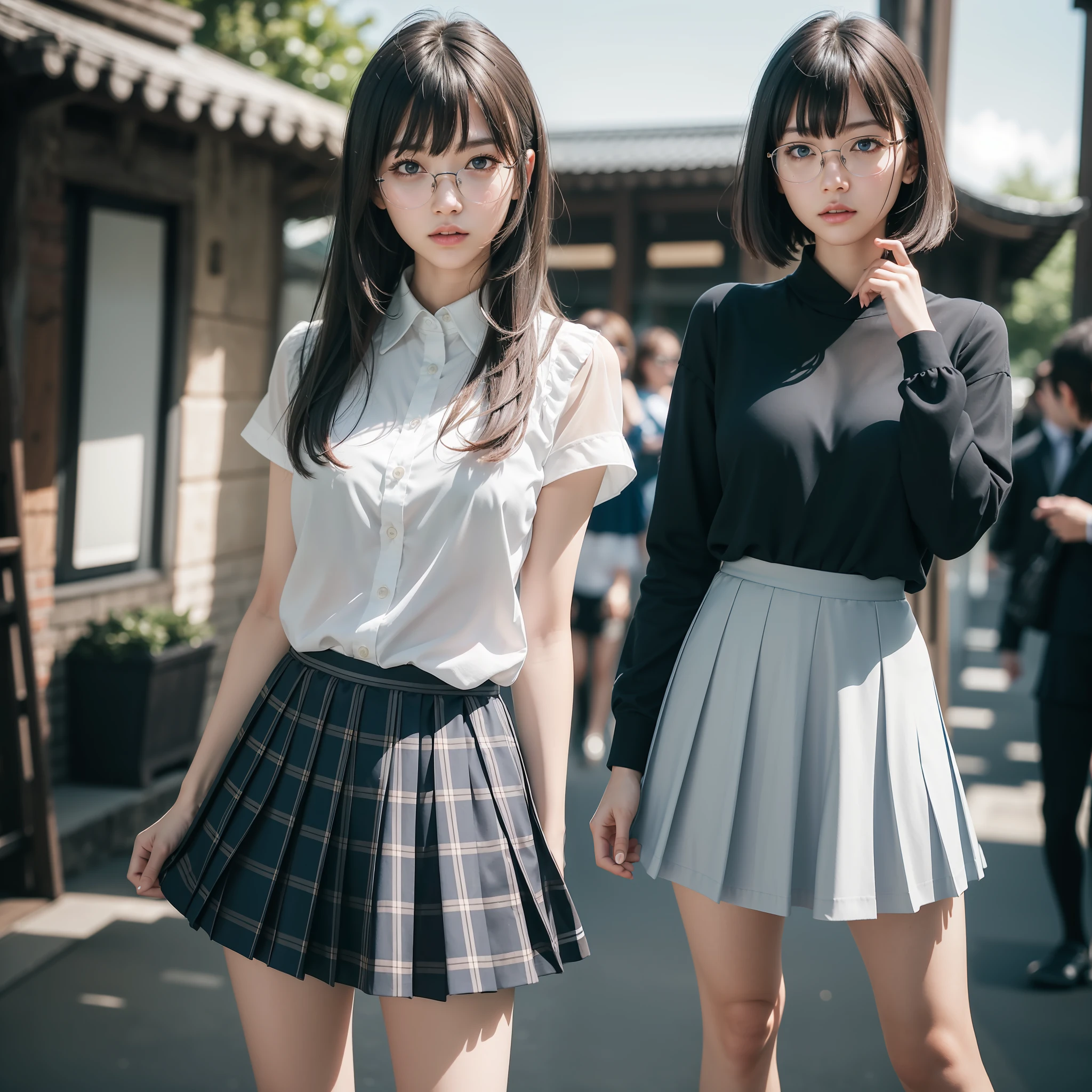 (8K, RAW Photos, Best Quality, Masterpiece: 1.2), Short Hair, Black Eyes, Alone, Solo, Glasses, Chinese Woman, Standing, Tight Eyes, Skinny, Gritty, Angry, Small, Flat Breasts (Realistic, Photorealistic: 1.37), Best Quality, Ultra High Resolution, Photon Mapping, Radiosity, Physically Based Rendering, Blurred, Foreground, Depth of Field, Blurry Background, Photo _\ (medium), motion blur, girl, (full) body), long legs, slender legs, medium hair, bangs, (bangs visible), hair_ornament, lips, blue_eyes, nosesoft, china, white shirt, navy blue and white plaid pleated skirt, sheer clothing, black loafers, thigh, black cotton socks,
