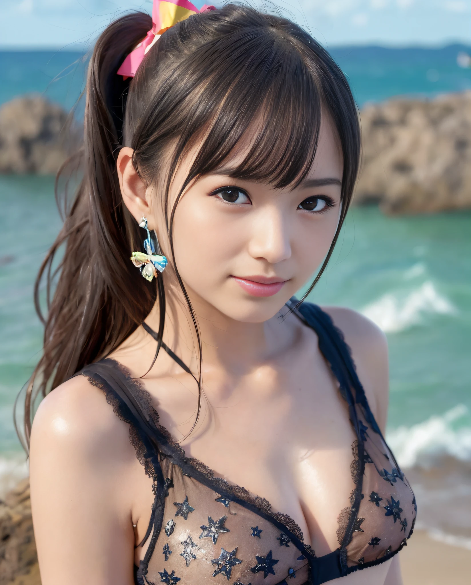 ((((Photorealistic))))), ((AKB 48))), ((Noma Lighthouse in the background)), ((Rock in the background)),((Smiling)),(((NIKON Z))), (19 years old))),(Small bust)))), (Colorful lace swimsuit))),(Mekosuji),(Slightly rough skin))))), (Pore feeling))))), ( Photorealism: 6, Realistic))), ((Earrings)), ((Sideways and Turning Pose)),Perfect chest shape, bare buttocks, side ponytail, ribbon, hair ornament, pale skin, looking at the viewer, small waist