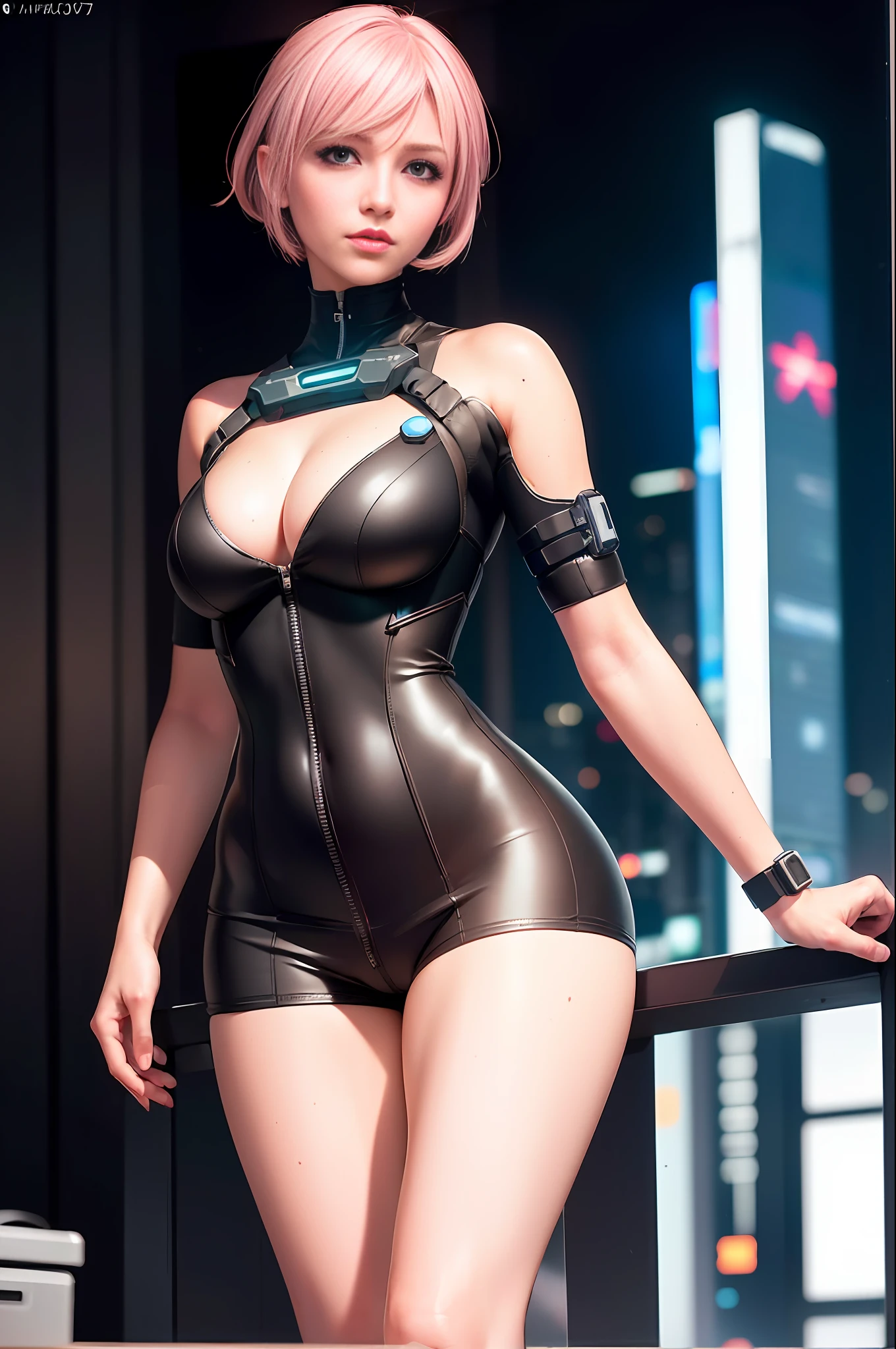 (ultra high res,photorealistic,realistic,best quality,photo-realistic),
(8k, raw photo, best quality, masterpiece),
(photon mapping, radiosity, physically-based rendering,automatic white balance),
technological sense, best quality, masterpiece, illustration,CG ,unity ,wallpaper, official art,
Amazing, finely detail, an extremely delicate and beautiful,extremely detailed,
highly detailed, sharp focus,rich background,blurry background,
(real person,photograph),
(((high detailed skin,visible pores))),1 girl,full body,(((Ghost In The Shell)))
(((face close-up,haunting smile,moist lips))),
((irises and pupils are rounded,the pupil reflects the surroundings)),
((Big eyes,perfect eyes,watery eyes)),
((short hair,pink hair,thick bangs)),
((small breasts)), ((Cyberpunk 2077,Future, City, skyscraper)), (((Neon, Display Screen, Advertising))), Night, Flooding, Reflection,Tight white combat uniform, stainless steel,LED,laser,((Data cable, optical fiber, computer,VR)),current, 25 years old woman, lean hip:1.1, rested happy face, determined look, scene from a future worker life:1.3