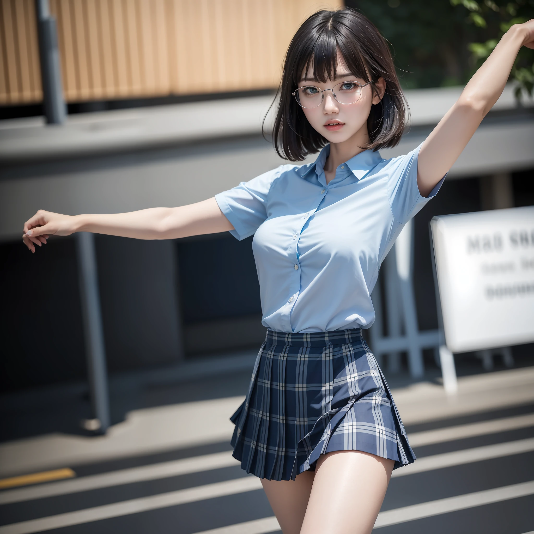 (8K, RAW Photo, Best Quality, Masterpiece: 1.2),Short Hair,Solo,Glasses,Chinese Woman,Standing,Tight Eyes,Thin,Gritty,Angry,Small,Flat Breasts (Realistic, Photorealistic:1.37), Best Quality, Ultra High Resolution, Photon Mapping, Radiosity, Physically Based Rendering, Blur, Foreground, Depth of Field, Blurred Background, Photo_\( Medium), Motion Blur, Girl, (Full) Body), Long Legs, Thin Legs, Medium Hair, Bangs, (Bangs Visible), hair_ornament, Lips, blue_eyes, Nosesoft, China, Light blue shirt, Navy blue and blue and white plaid pleated skirt, Sheer clothing, Black loafers, Tsi-hai, Black cotton socks,