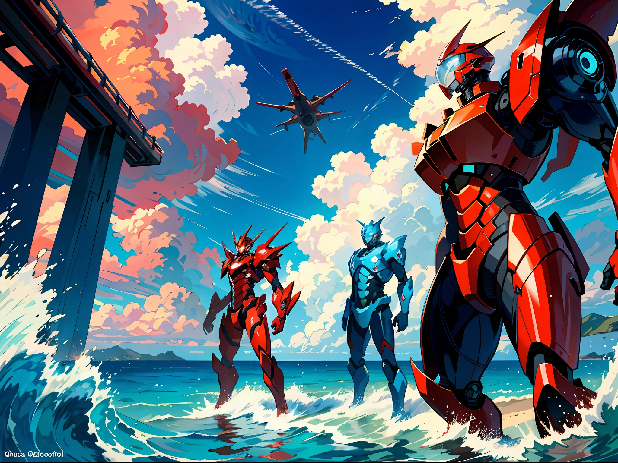 HD clear, best images, illustration quality, super detailed, between the sea and sky, three red mechs stand tall and mighty on the beach.