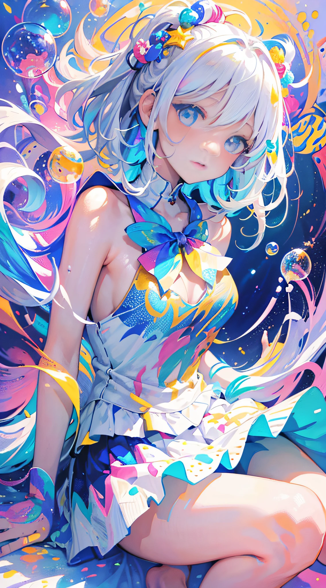 (Masterpiece, Best Quality: 1.2), (Ultra Detailed), (Illustration), Wallpaper, Original, 1girl, Messy White Hair, Thin Shoulder Straps, White Skirt, Barelegs, Barefoot, Barearm, Full Body, (Surrounded by Colorful Splashes and Dots), Colorful Bubbles, (Shiny), Simple Background