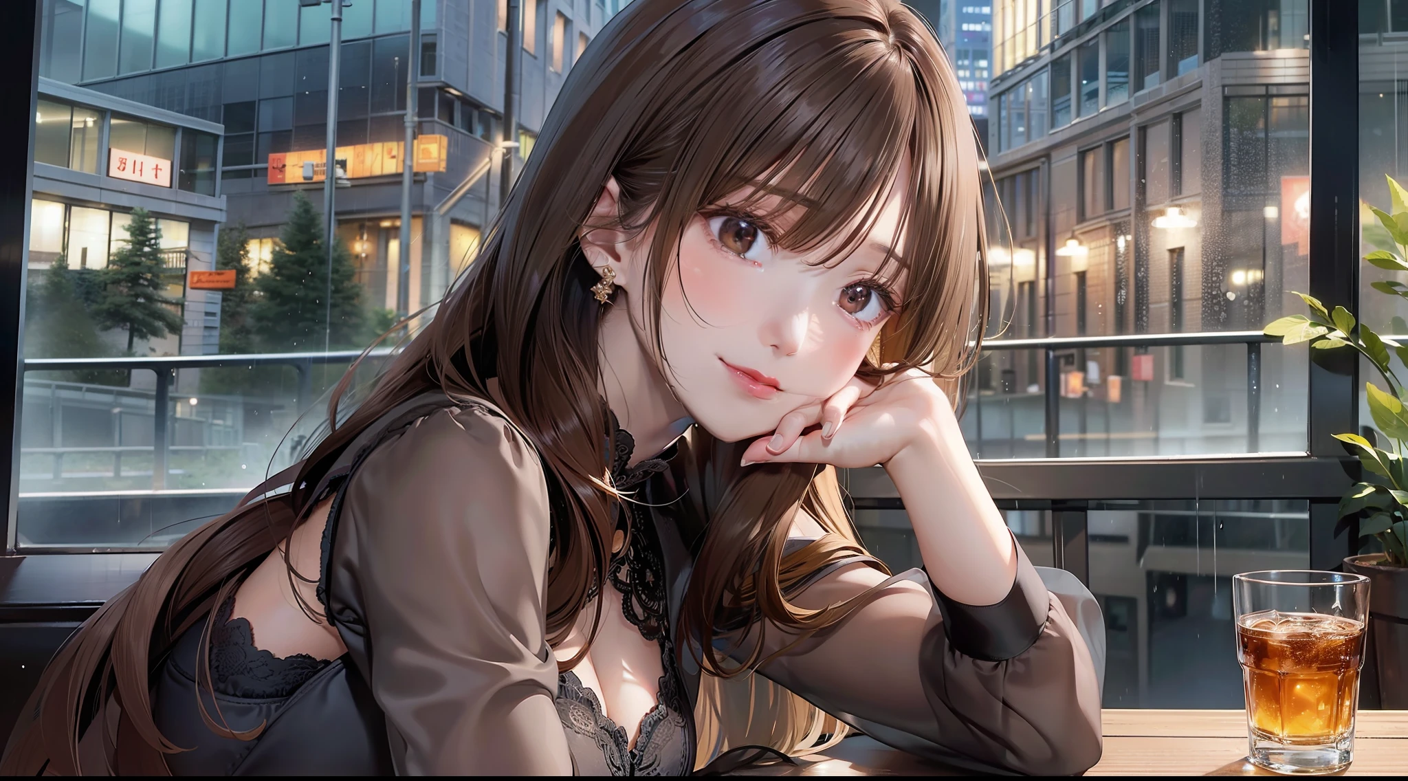 (8k, best quality, masterpiece:1.2), super detailed, one girl,cute, solo,,beautiful woman in perfect style: 1.4,((dark brown hair, big:1.2)), very detailed face and skin texture, detailed eyes, double eyelids, cleavage, light clothing, realistic and photogenic image quality, late night diner, america, wistful beautiful girl, sitting in a seat, feeling heartache, Trying to hold a glass of whiskey, liquor, bar, rain, view of city from café window, late night, night, dark outside, dim, street lamp, rain, window glass wet, lonely country town, old america, countryside, eyes out the window, not looking at the front, looking out the window, sad expression, countryside, tears spilling out, pulling composition, wooden
