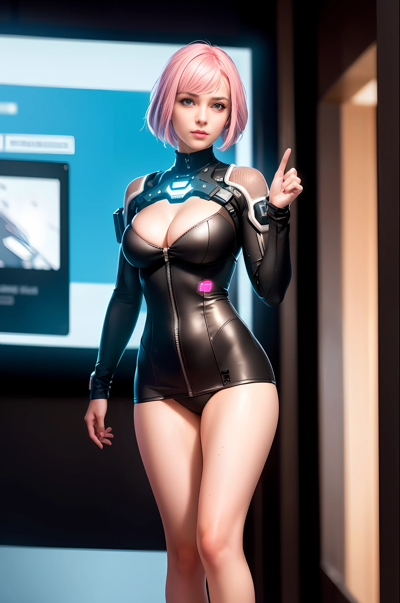 (ultra high res,photorealistic,realistic,best quality,photo-realistic),
(8k, raw photo, best quality, masterpiece),
(photon mapping, radiosity, physically-based rendering,automatic white balance),
technological sense, best quality, masterpiece, illustration,CG ,unity ,wallpaper, official art,
Amazing, finely detail, an extremely delicate and beautiful,extremely detailed,
highly detailed, sharp focus,rich background,blurry background,
(real person,photograph),
(((high detailed skin,visible pores))),1 girl,full body,(((Ghost In The Shell)))
(((face close-up,haunting smile,moist lips))),
((irises and pupils are rounded,the pupil reflects the surroundings)),
((Big eyes,perfect eyes,watery eyes)),
((short hair,pink hair,thick bangs)),
((small breasts)), ((Cyberpunk 2077,Future, City, skyscraper)), (((Neon, Display Screen, Advertising))), Night, Flooding, Reflection,??????????? combat uniform, stainless steel,LED,laser,((Data cable, optical fiber, computer,VR)),current, 25 years old woman, lean hip:1.1, rested happy face, determined look, scene from a future worker life:1.3