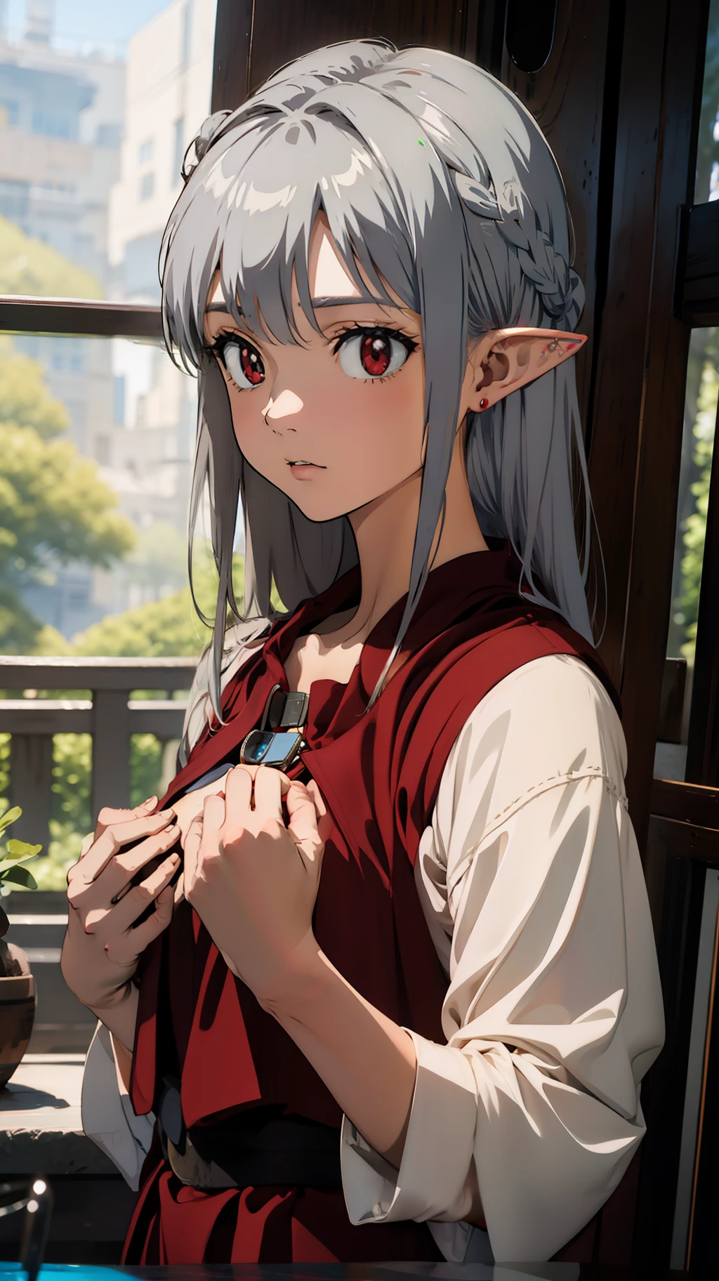 Close up portrait of one girl, elf, silver hair, red eyes, bo braid, naked, hands on chest, surprised, looking down, concept art, beautiful anime scene, best quality, 4K