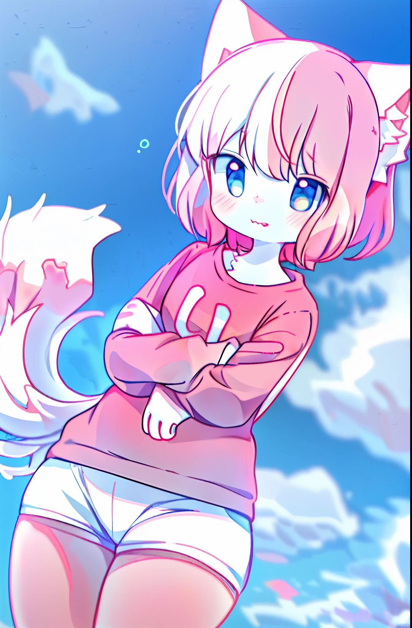 anime girl with a pink shirt and white shorts and a pink cat, fursona!!!!, female furry mini cute style, cute anime catgirl, furry fursona, furry art!!!, holo is a wolf girl, furry furaffinity, fursona art, nyaruko-san, female fursona, nekomimi, anime catgirl, fursona commission