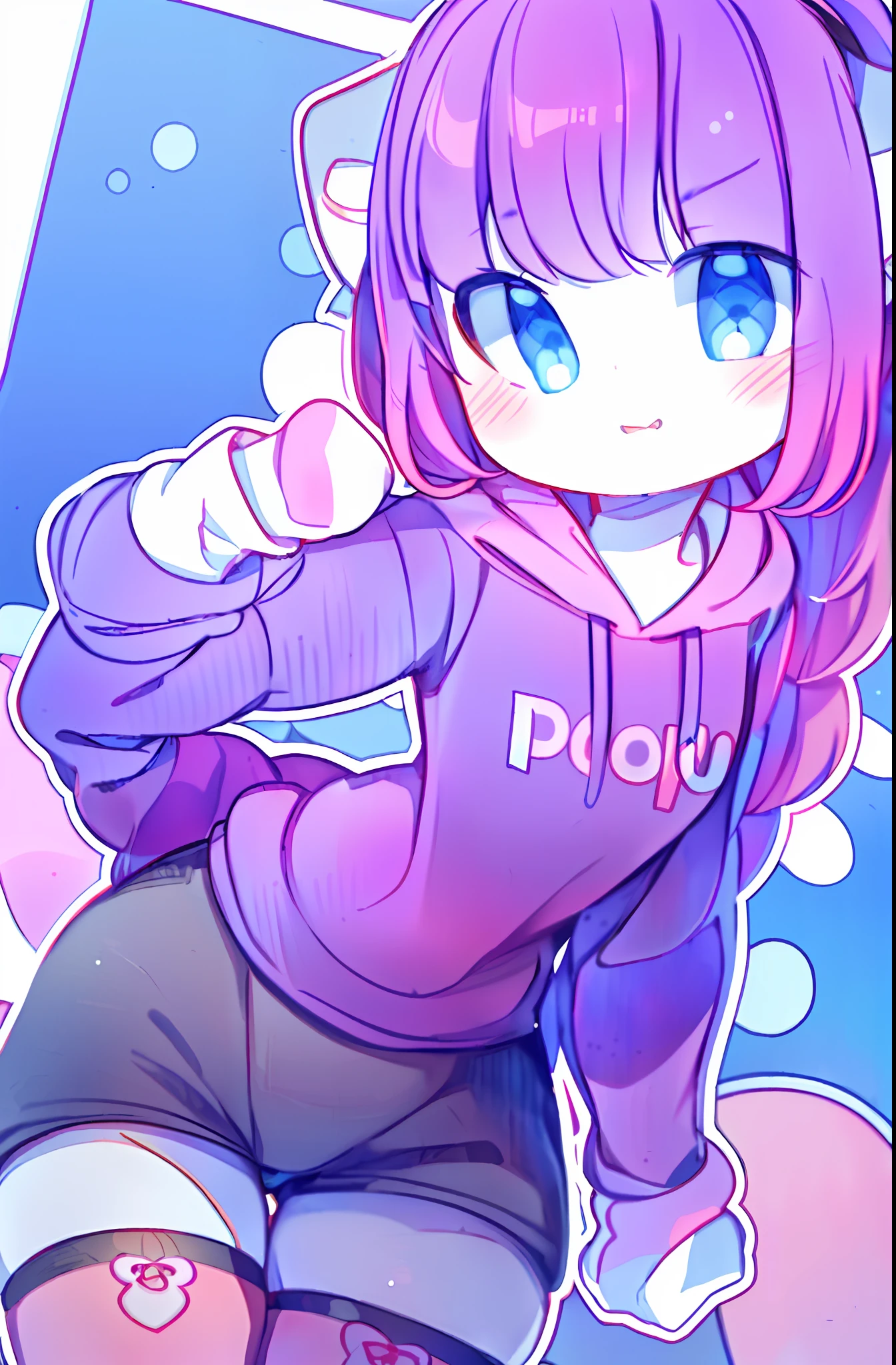 ((masterpiece, best quality, ultra-detailed)), (1girl:1.2), cute_face, blunt bangs, blue eyes, hair strand, long hair, purple hair, looking at viewer, from front, close up, portrait, focus, leaning forward, from below,furry, thick_thighs, chibi, pink striped stockings, pink hoodie