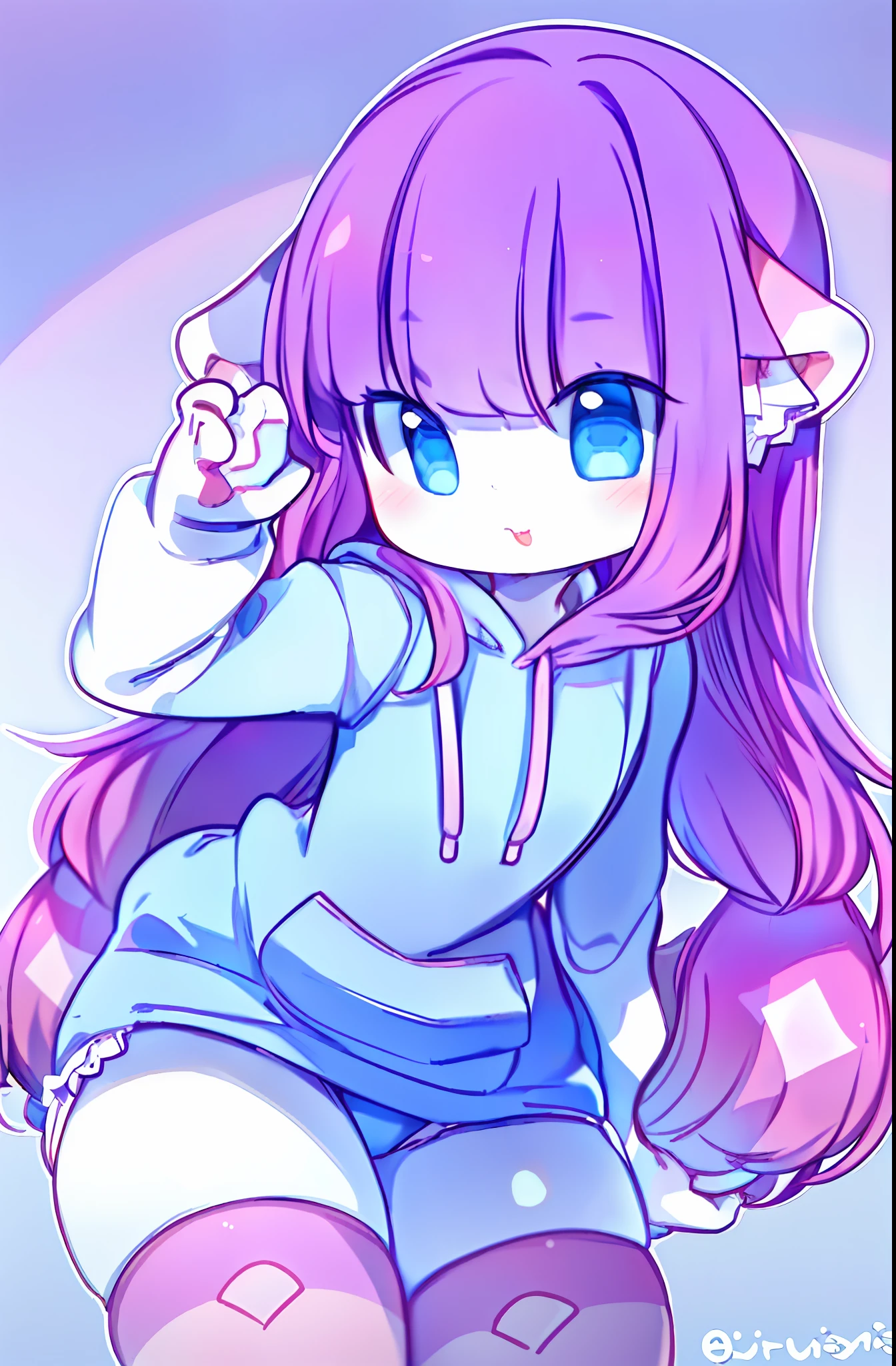 ((masterpiece, best quality, ultra-detailed)), (1girl:1.2), cute_face, blunt bangs, blue eyes, hair strand, long hair, purple hair, looking at viewer, from front, close up, portrait, focus, leaning forward, from below,furry, thick_thighs, chibi, pink striped stockings, pink hoodie