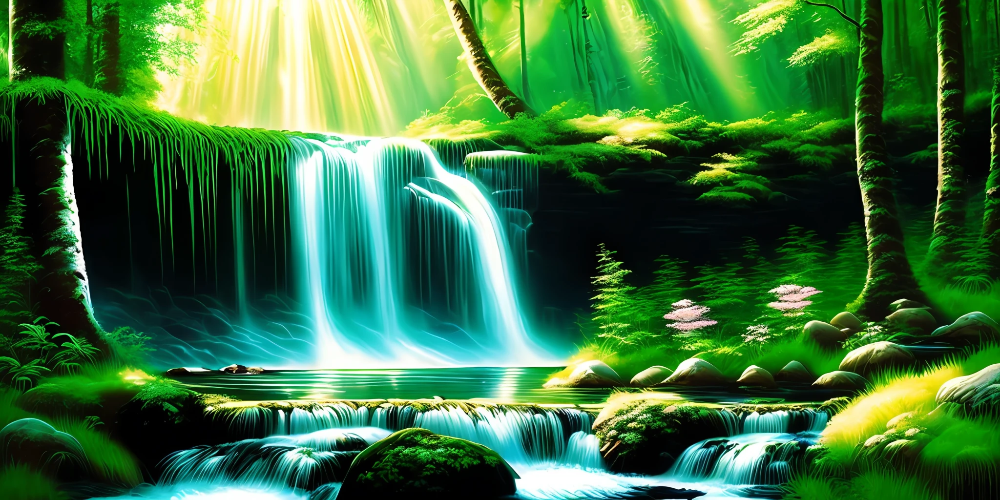 painting of a waterfall in a green forest with a sunbeam, waterfalls, amazing depth, breathtaking masterpiece of art, peaceful beautiful waterfall, multiple waterfalls, an endless waterfall, (waterfall), waterfall(beautiful, waterfall backdrop, waterfall, beautiful art uhd 4 k, streams of flowing light, soft airbrushed artwork, immense waterfall, cascading iridescent waterfalls