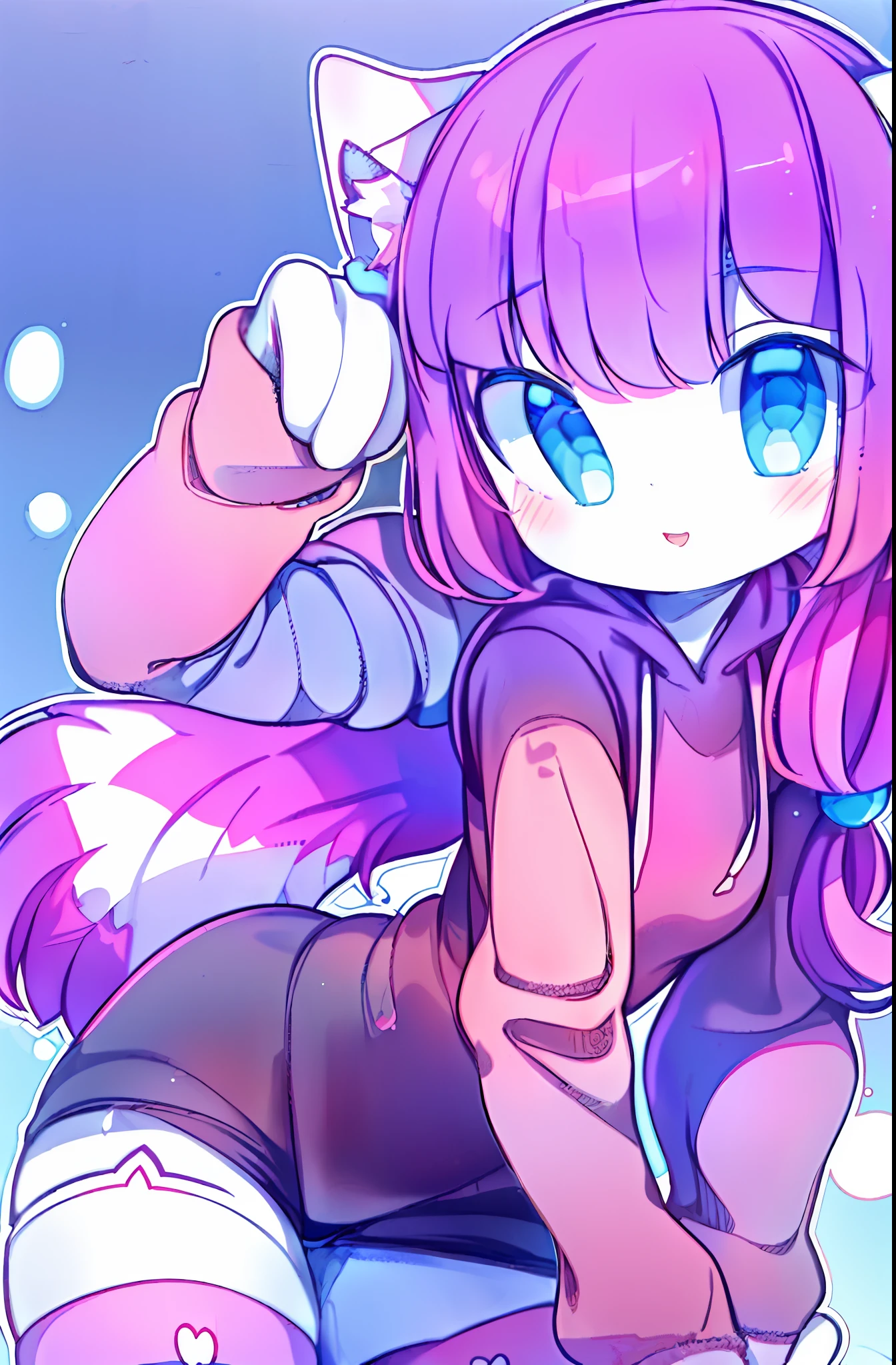 ((masterpiece, best quality, ultra-detailed)), (1girl:1.2), cute_face, blunt bangs, blue eyes, hair strand, long hair, purple hair, looking at viewer, from front, close up, portrait, focus, leaning forward, from below,furry, thick_thighs, chibi, pink striped stockings, pink hoodie