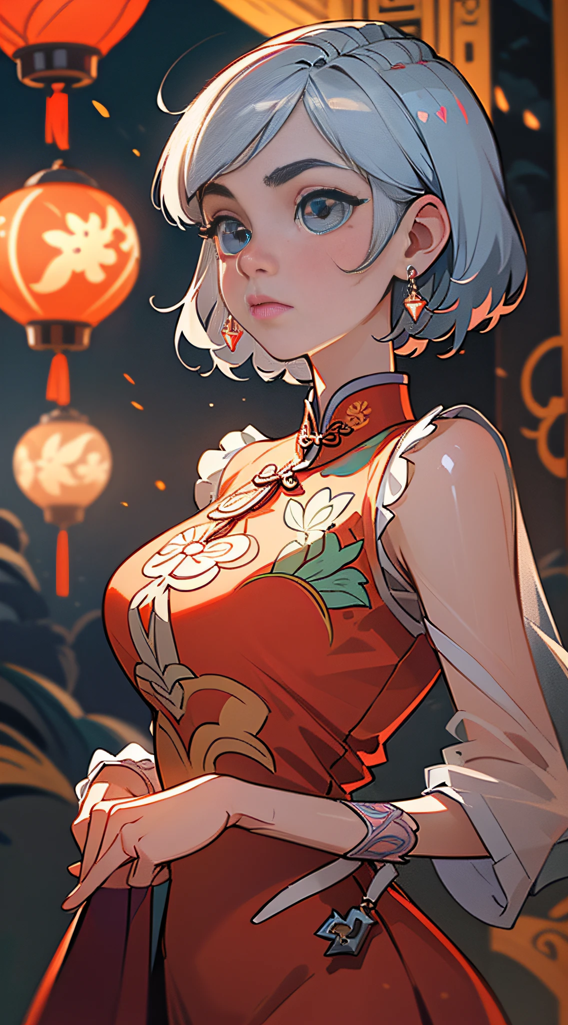 (Masterpiece, Best Quality), Masterpiece, Ultra Detailed, Super HD, High Quality, Highest Quality, 32k, ((Delicate Beautiful Face, Super Pretty)), ((Super Delicate Big Eyes, Focused Eyes))), Maiden in Cheongsam, Red Cheongsam, Epic Composition, Short Silver Hair, Gorgeous Costumes, Intricate Design, Hair Accessories, Earrings, Walking on the Street, Night, Charming Expressions, Upper Body, Close-up, Amazing Facial Features, Flowing Short Hair, Neck Exposed, Complex Design, Simple Background, Background blur, stunning lighting, C4D, OC rendering, movie edge light, fine light,