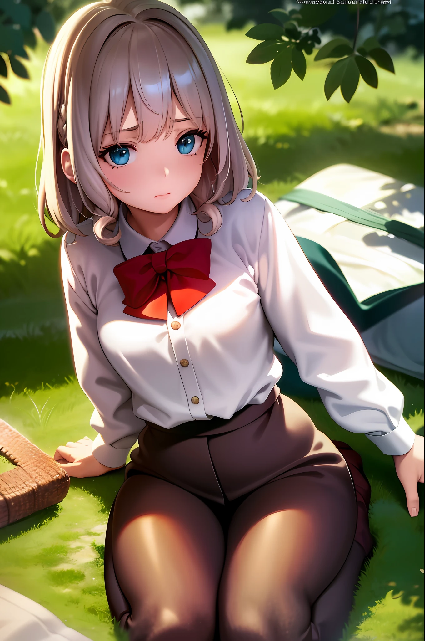 {{{li}},{small breasts},cute face},hyperrealistic,photorealistic,sunlit eyes,captivating gaze,(ultra-detailed,beautiful detailed face,) complete anatomy,nsfw,(silver hair,braided bangs,curly hair), blunt bangs,green preats skirt,white shirt,red ribbontie,brown sweater vest ,full body,hair  ribbon,sitting backwards,  cinematic angle