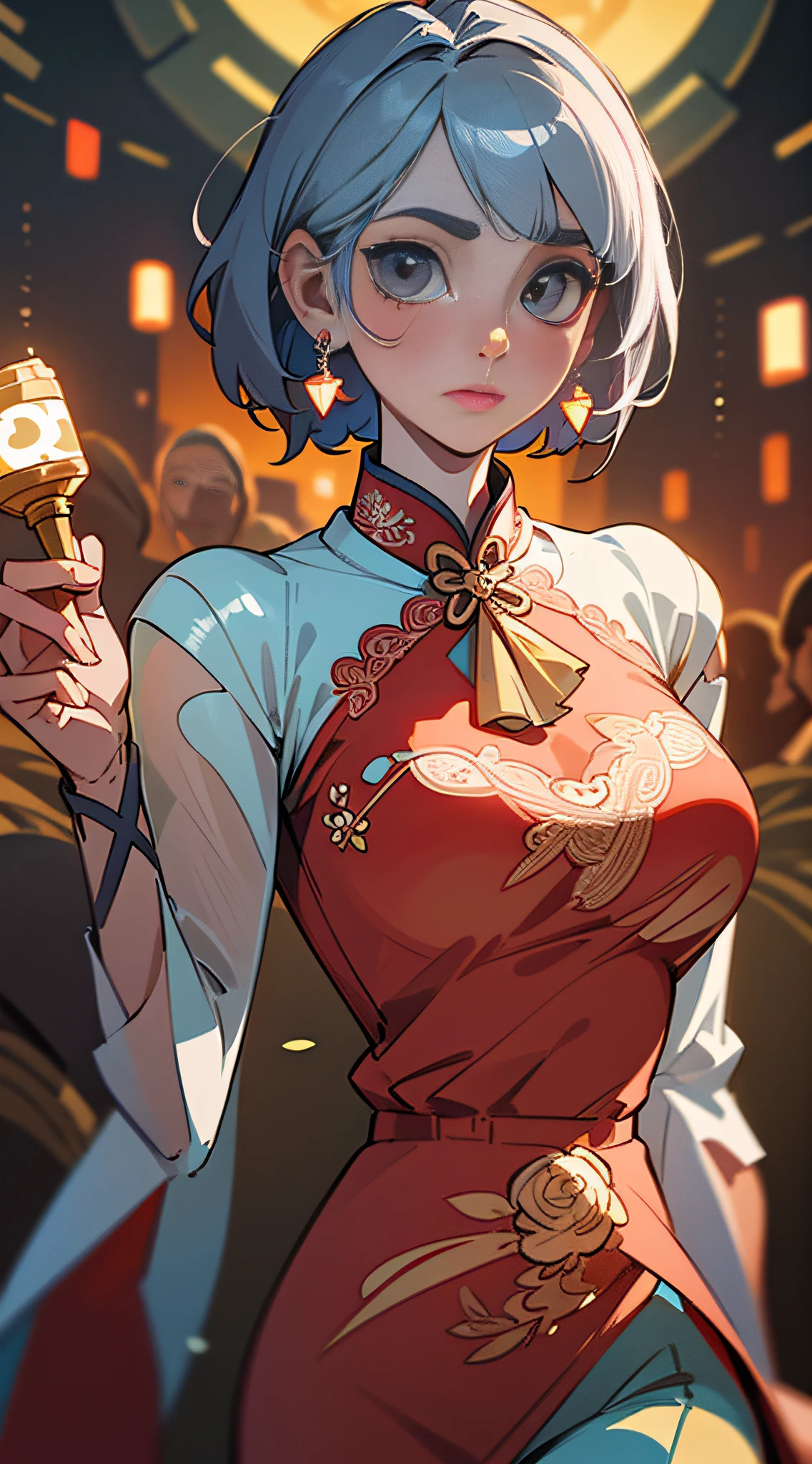 (Masterpiece, Best Quality), Masterpiece, Ultra Detailed, Super HD, High Quality, Highest Quality, 32k, ((Delicate Beautiful Face, Super Pretty)), ((Super Delicate Big Eyes, Focused Eyes))), Maiden in Cheongsam, Red Cheongsam, Epic Composition, Short Silver Hair, Gorgeous Costumes, Intricate Design, Hair Accessories, Earrings, Walking on the Street, Night, Charming Expressions, Upper Body, Close-up, Amazing Facial Features, Flowing Short Hair, Neck Exposed, Complex Design, Simple Background, Background blur, stunning lighting, C4D, OC rendering, movie edge light, fine light,