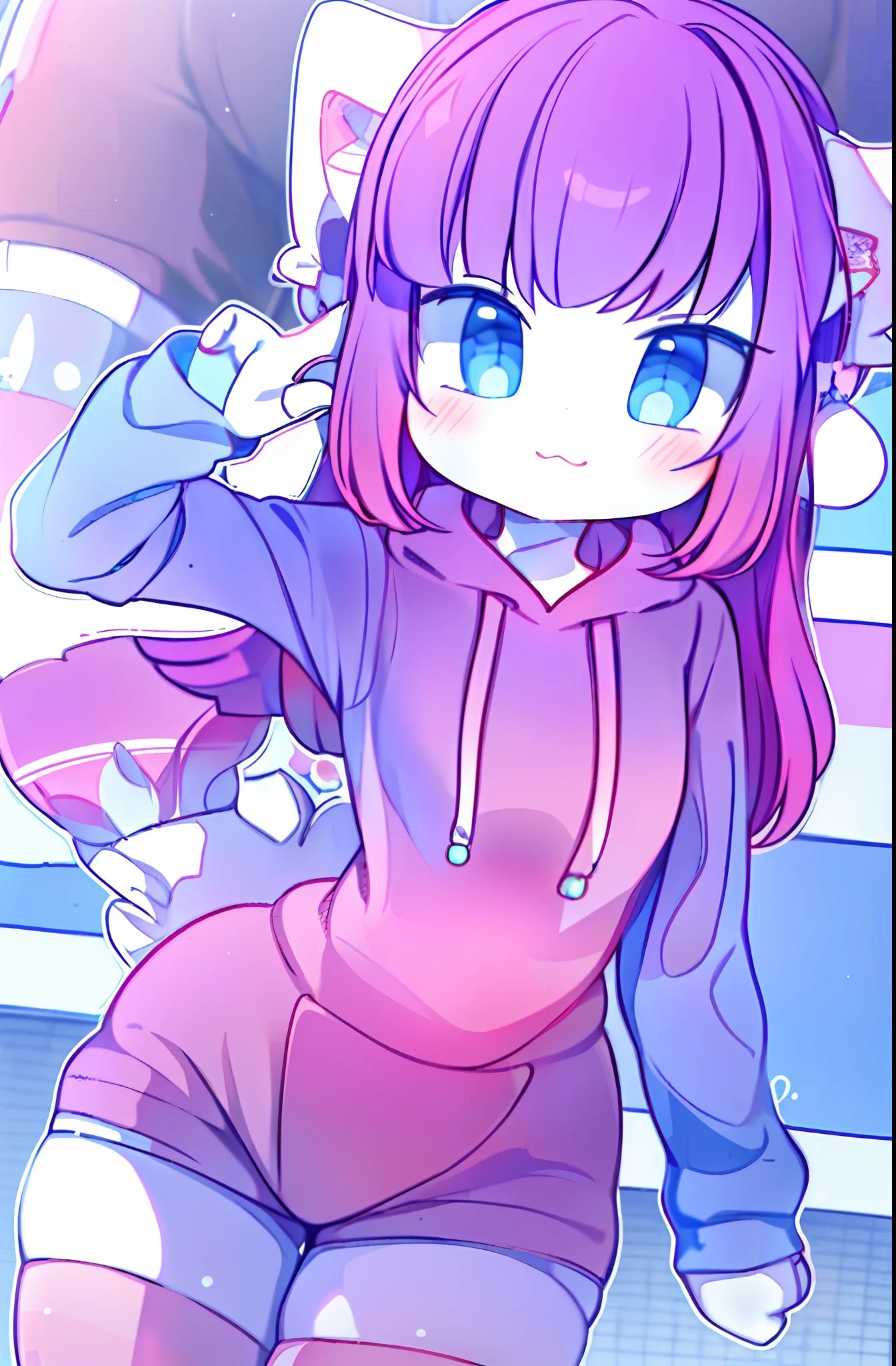 ((masterpiece, best quality, ultra-detailed)), (1girl:1.2), cute_face, blunt bangs, blue eyes, hair strand, long hair, purple hair, looking at viewer, from front, close up, portrait, focus, leaning forward, from below,furry, thick_thighs, chibi, pink striped stockings, pink hoodie