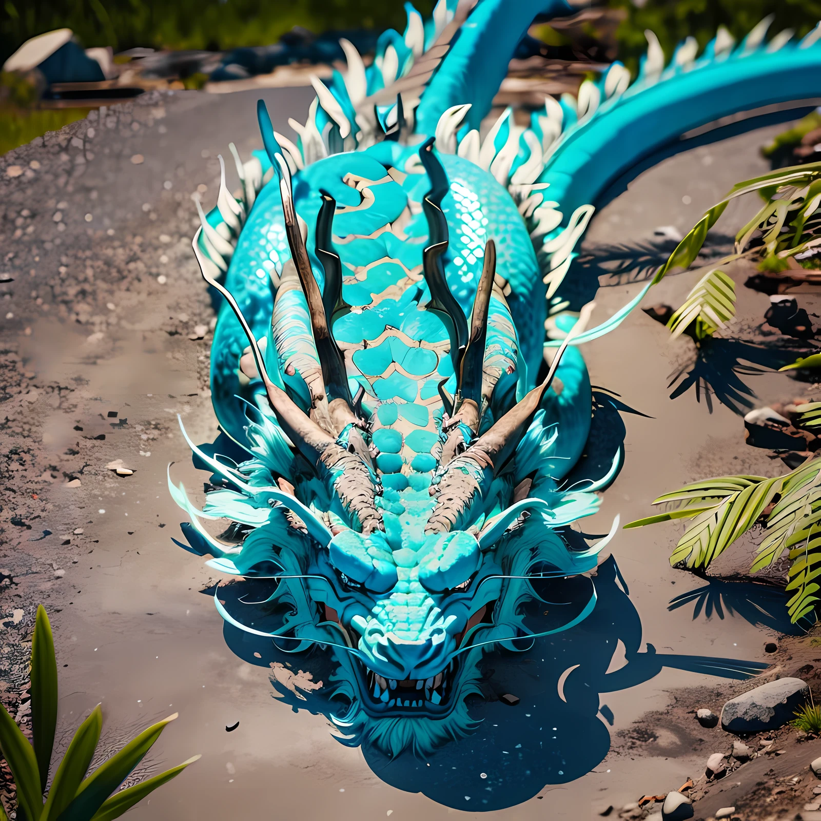 On the island, there is a cyan Chinese dragon corpse, lying on the ground, falling to the ground, eyes closed, eyes closed, dead, island, island, 4K, super detail,