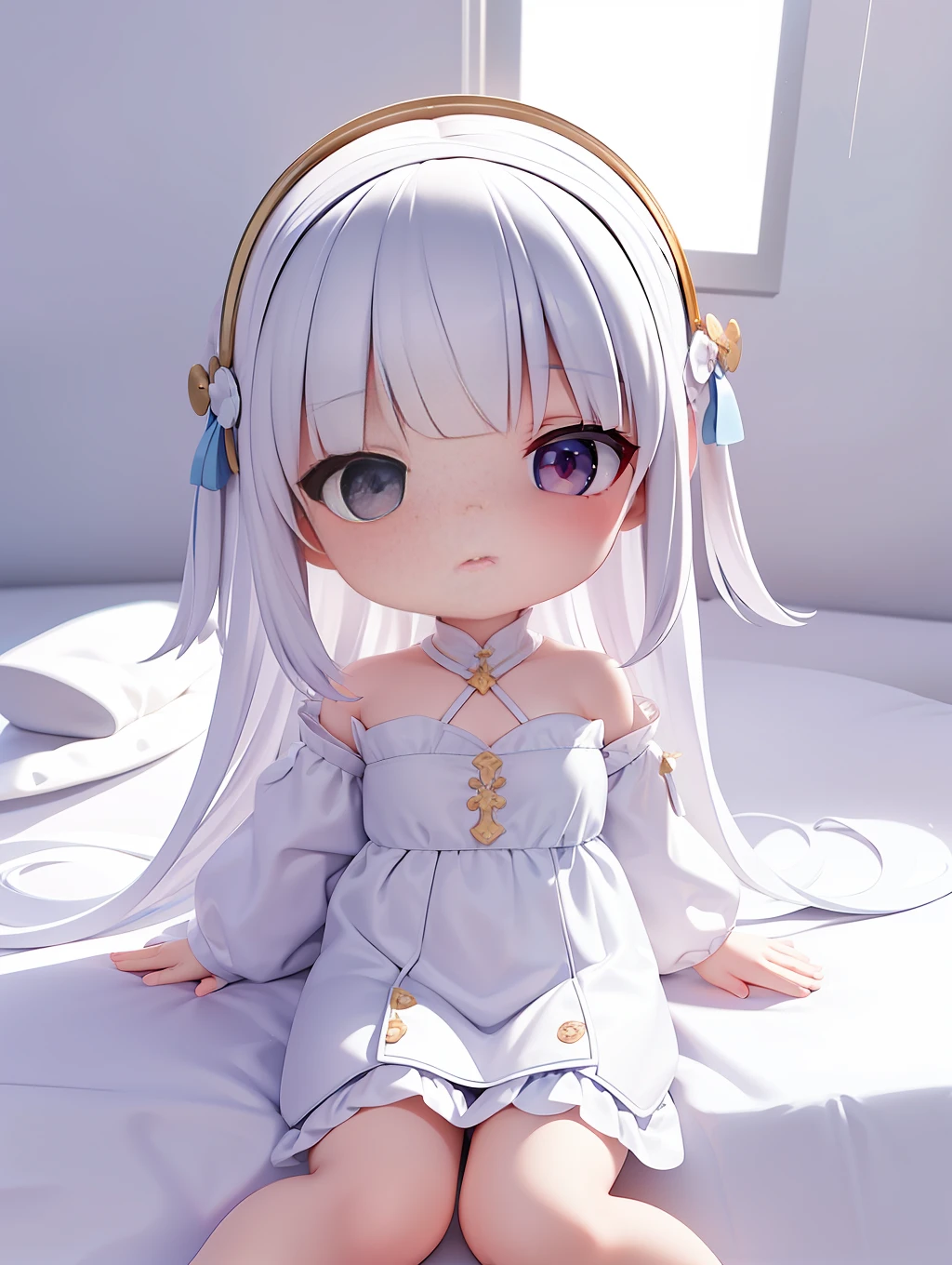 PopMart Blind Box IP, a close-up of a cute, white robe doll, young wanangel style, wearing long and fluent clothes, wlop style, pocelain doll, little people; Unreal Engine 5, Lite 3D/C4D production: 8K HD quality/lighting/ultra-detailed lens depiction 1.5, flawless, chibi background/cinematic.