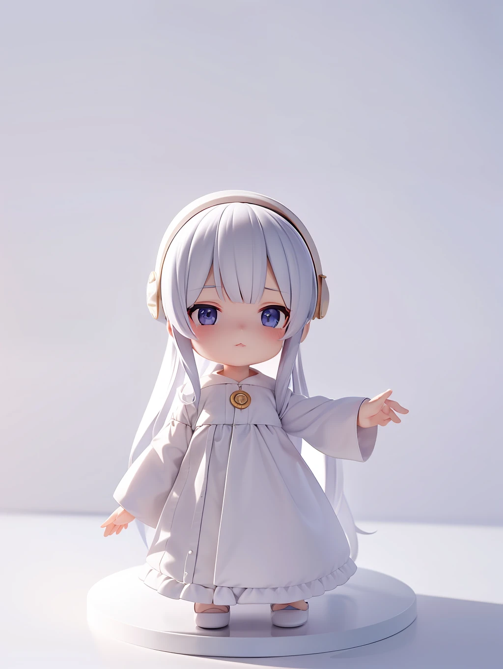 PopMart Blind Box IP, a close-up of a cute, white robe doll, young wanangel style, wearing long and fluent clothes, wlop style, pocelain doll, little people; Unreal Engine 5, Lite 3D/C4D production: 8K HD quality/lighting/ultra-detailed lens depiction 1.5, flawless, chibi background/cinematic.