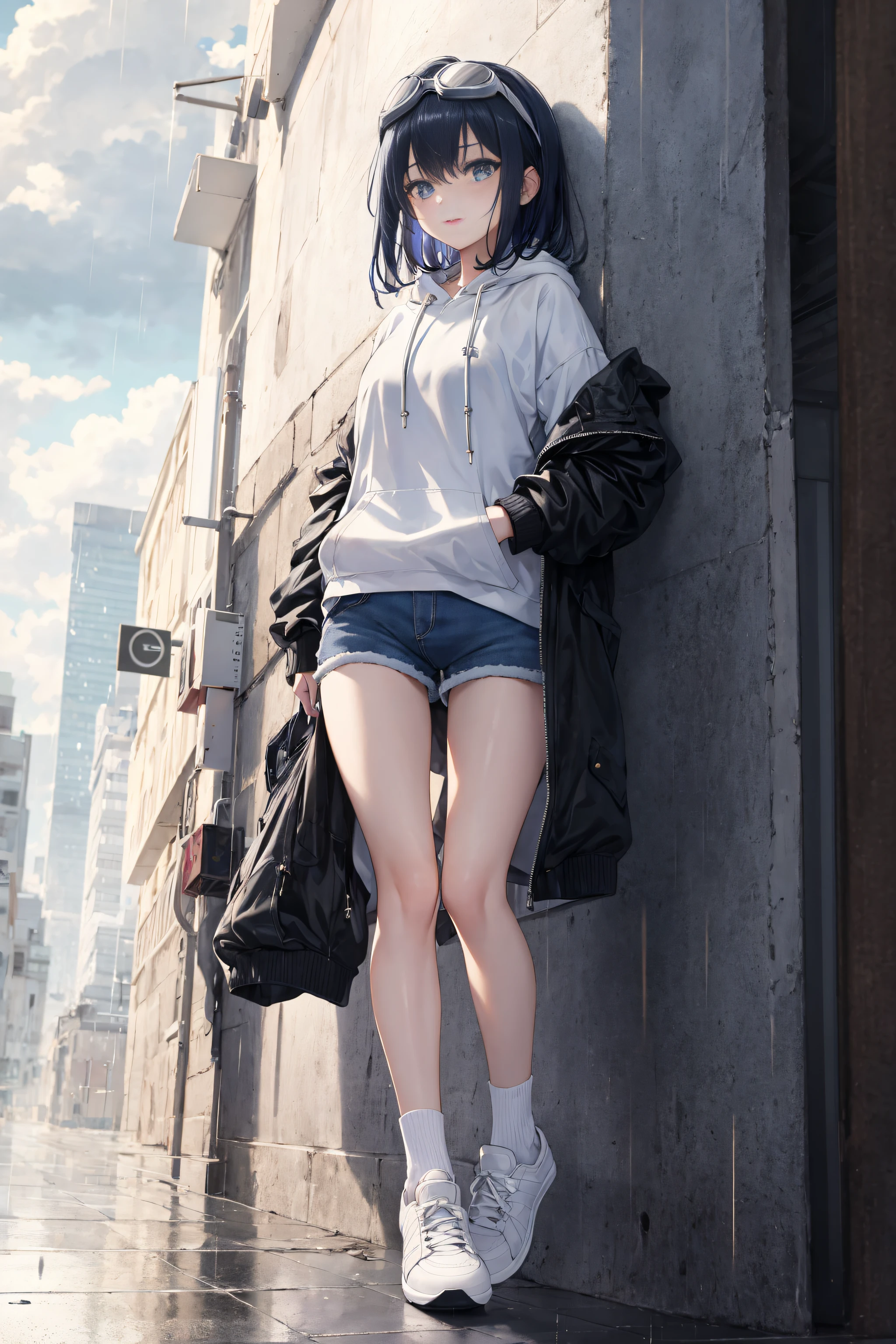 {{extremely delicate and beautiful hands}},highly detailed,masterpiece,ultra-detailed,illustration,{incredibly_absurdres},rain,1girl,solo,full body,an extremely delicate and beautiful girl,beautiful detailed eyes,cumulonimbus capillatus,focus_on_face,beautiful detailed glow,extremely detailed CG unity 8k wallpaper,bright_eyes,beautiful and delicate water,in autumn,goggles,blue hoodie, blue eyes,black hair,cityscape,smug,{{{ultra-detailed}}},delighted glow,{{beautiful hand and fingers}},{{{in the rain}}},expressionless,short shorts, cloudy sky,socks,sneakers,crossed bangs,