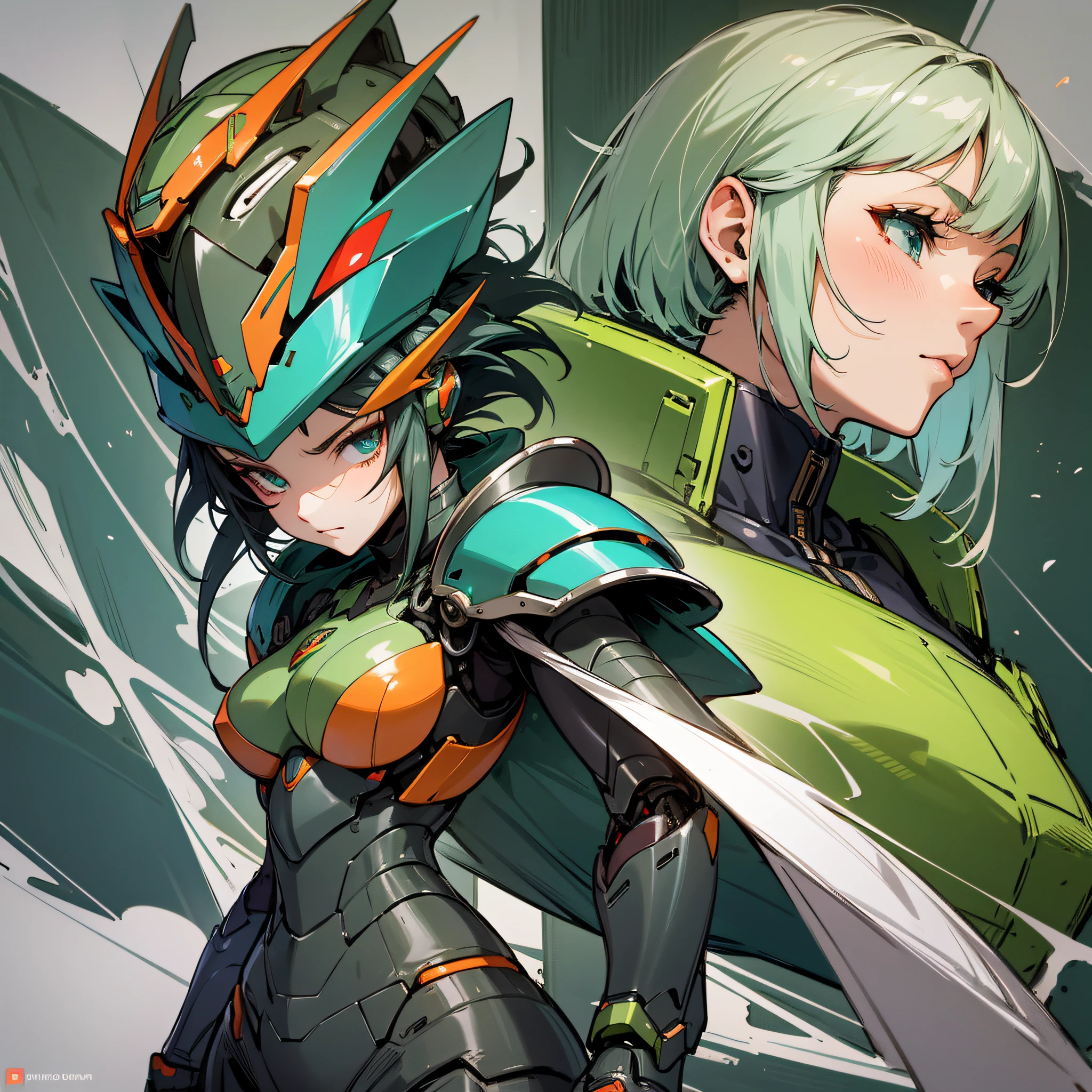 Green and red paint, close-up portrait of a person in costume with a sword, cyber japan style armor, cyber japan armor, guyver style, girl in armor, monster hunter armor, full body mecha suit, perfect anime cyborg woman, cyborg noble woman, mecha cyber armor girl, detailed full body concept, female armor, anime character. Full Body Art --auto --s2