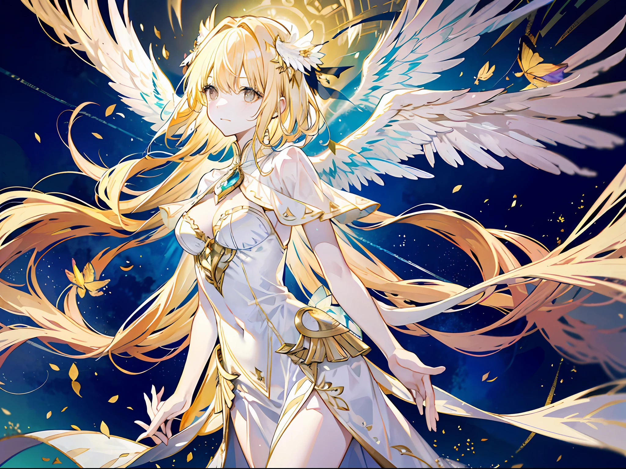 Angels are depicted with pale and bright complexions, and their skin seems to radiate an otherworldly glow. They are decorated with a pair of glittering elegant wings, symbolizing their divine nature. The scene is ethereal and captivating, capturing the beauty and mystery of these celestial bodies. Angel, pale, glowing, complexion, glowing, otherworldly, radiant, glittering, elegant, 3 pairs of golden wings at back, sacred, ethereal, charming, beautiful, mysterious, full body, long blonde hair
