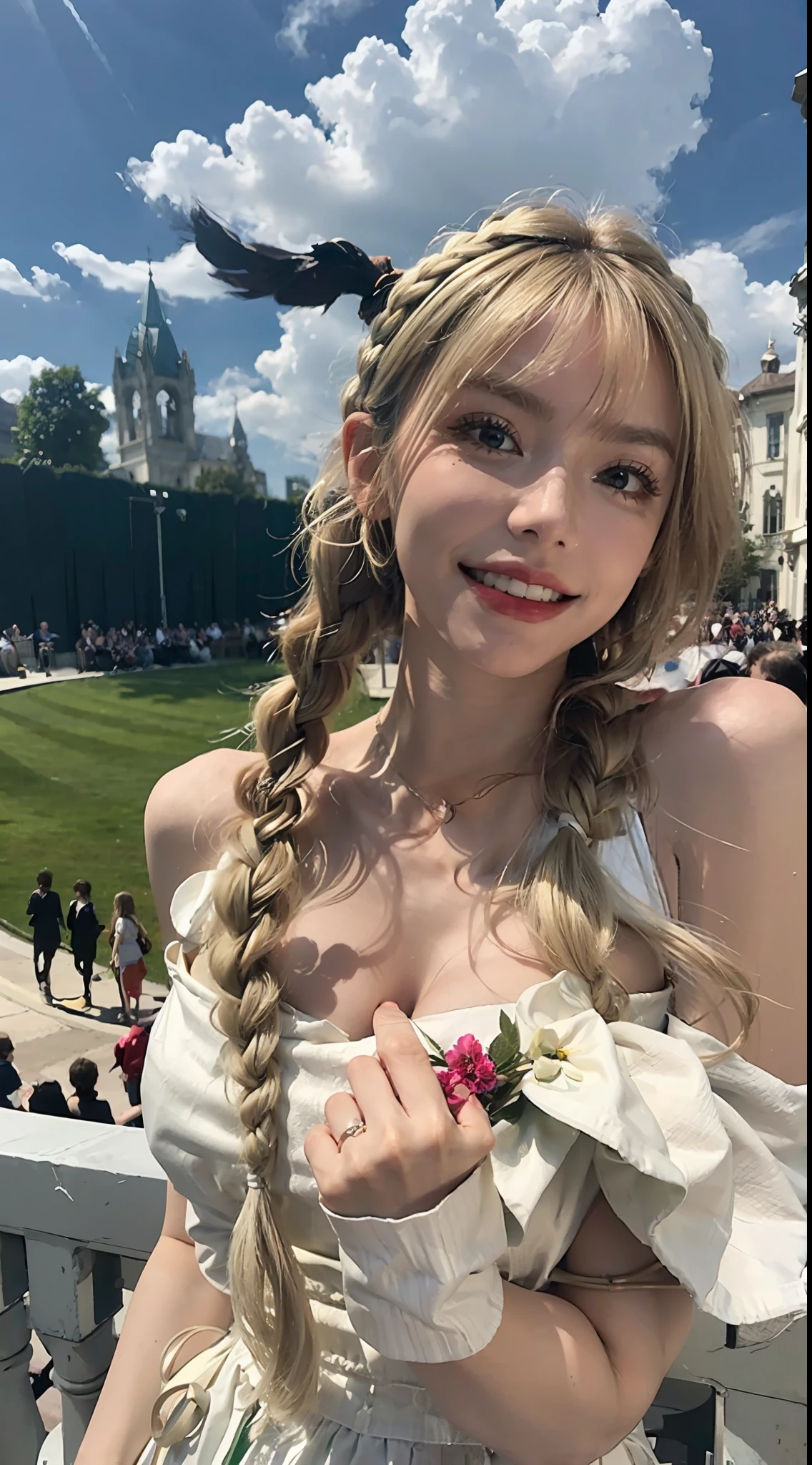 1 girl, solo, dress, blonde, green eyes, braids, white dress, hands outdoor, looking at the audience, clouds, bare shoulders, sky, smile, wind, perfect hands