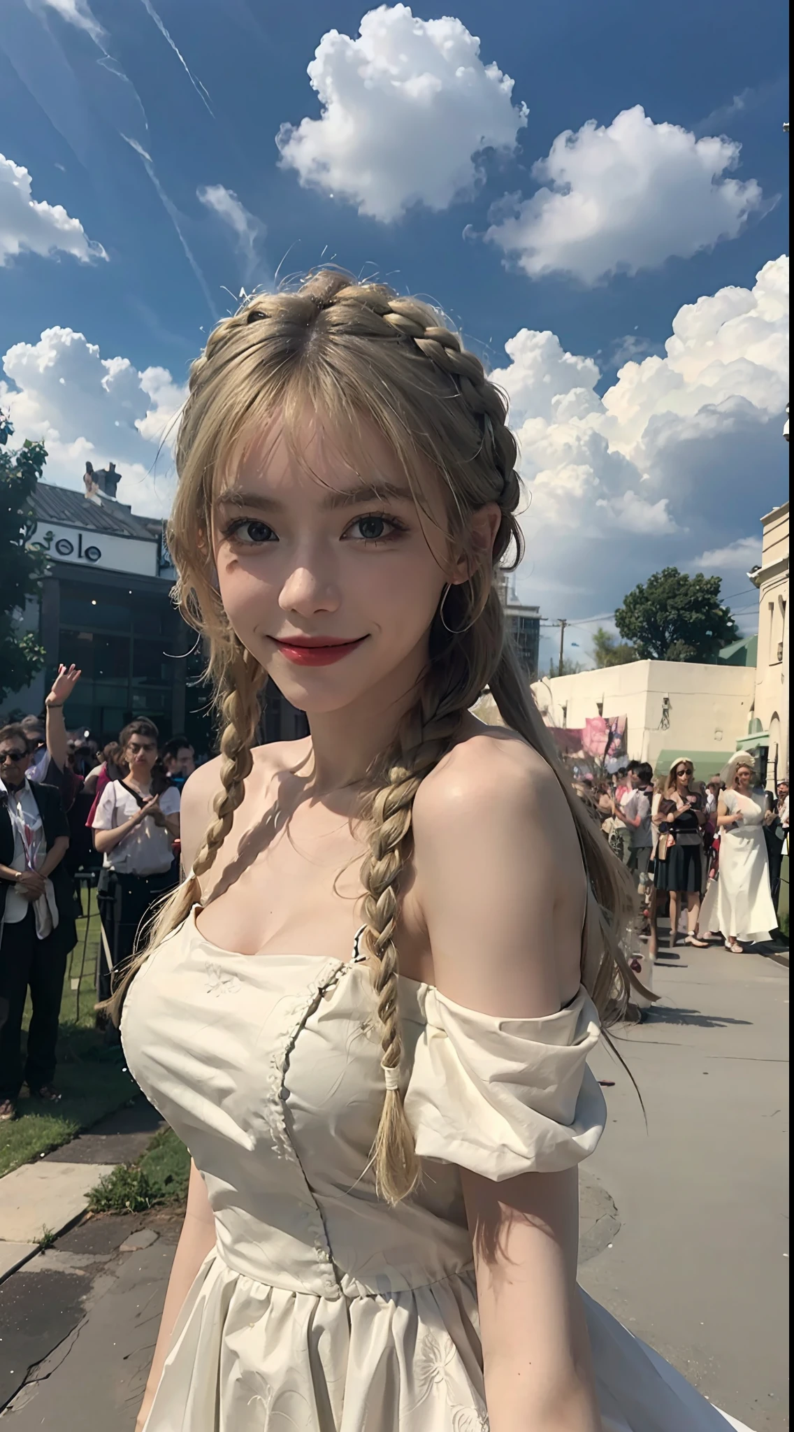 1 girl, solo, dress, blonde, green eyes, braids, white dress, hands outdoor, looking at the audience, clouds, bare shoulders, sky, smile, wind, perfect hands