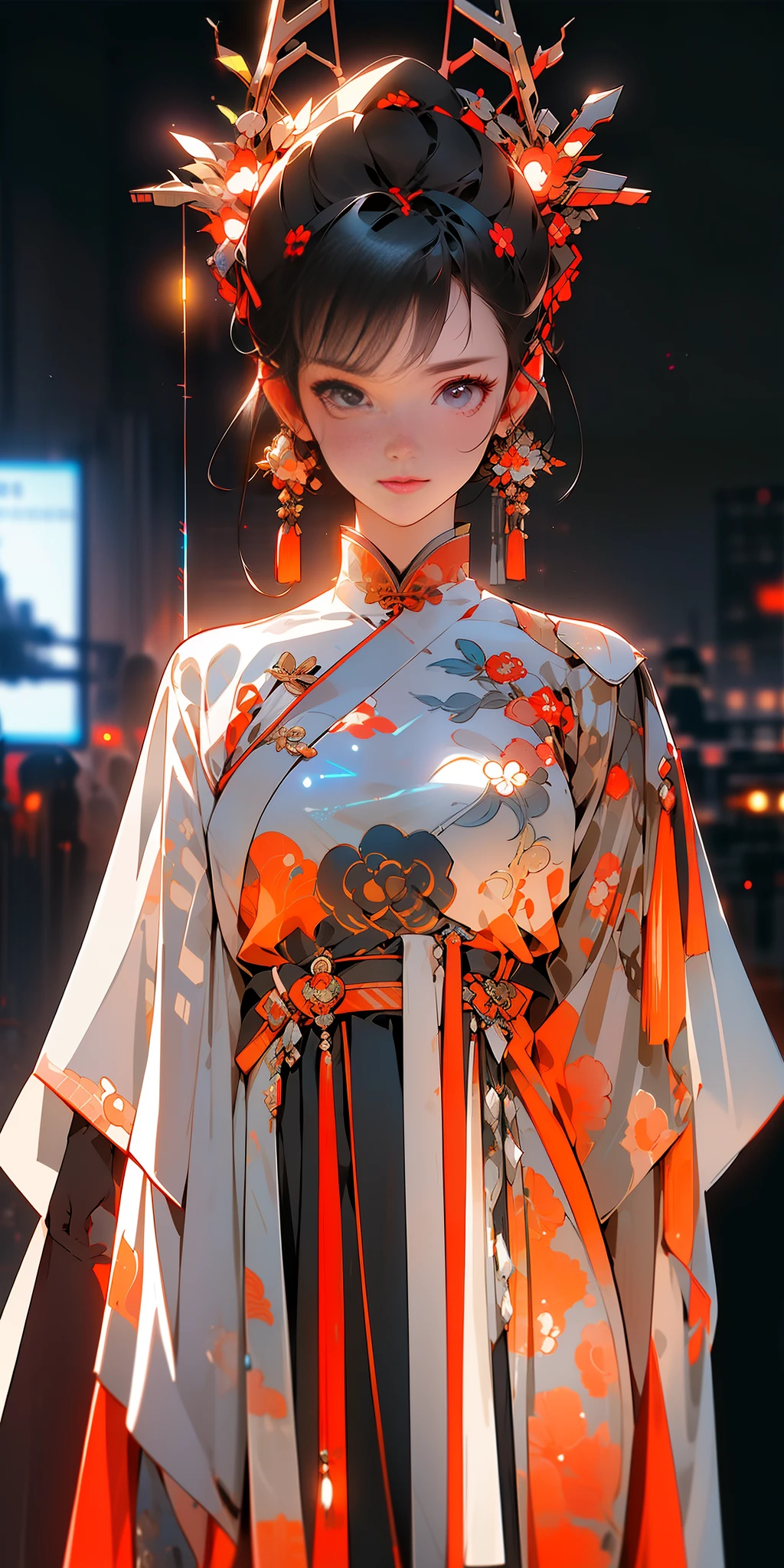((Cyberpunk style, robotic arm, holographic aura, surreal sci-fi art, futuristic sci-fi aesthetics)), 1 girl solo, close-up, (bright eyes), (ancient Chinese clothes, embroidered pleated skirt, embroidered collar Uesugi, large sleeves, streamers), (hairpins), (Hanfu), (clear facial features), (8k, RAW photos, best quality, masterpieces: 1.2), (realistic, photo realistic: 1.4), (very detailed CG Unity 8k wallpaper), full body, (Neon: 1.4)
