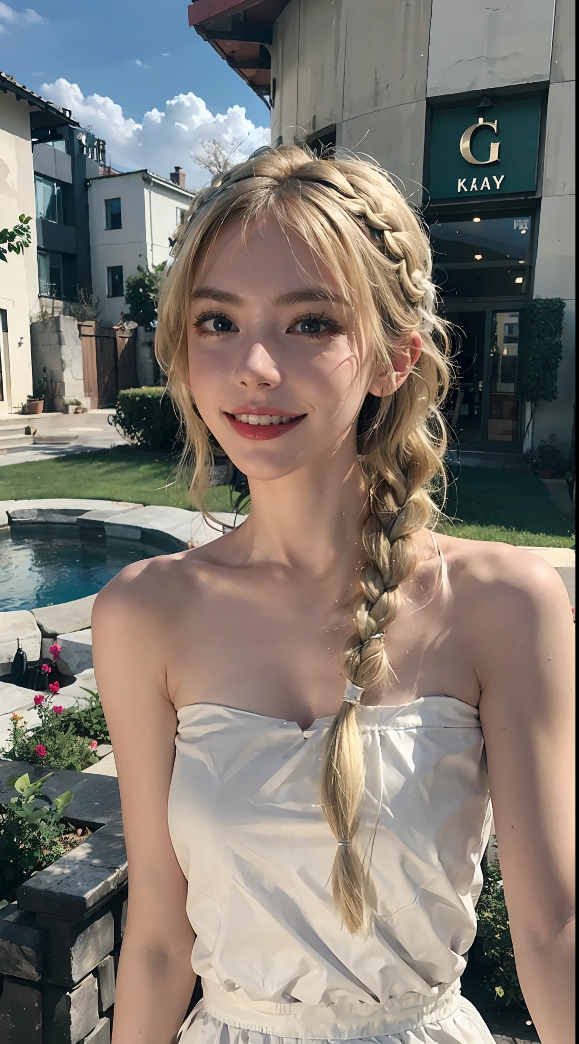 1girl, solo,dress, blonde hair, green eyes, braid, white dress, outstretched hand, outdoors, looking at viewer, cloud, bare shoulders, sky, smile, wind