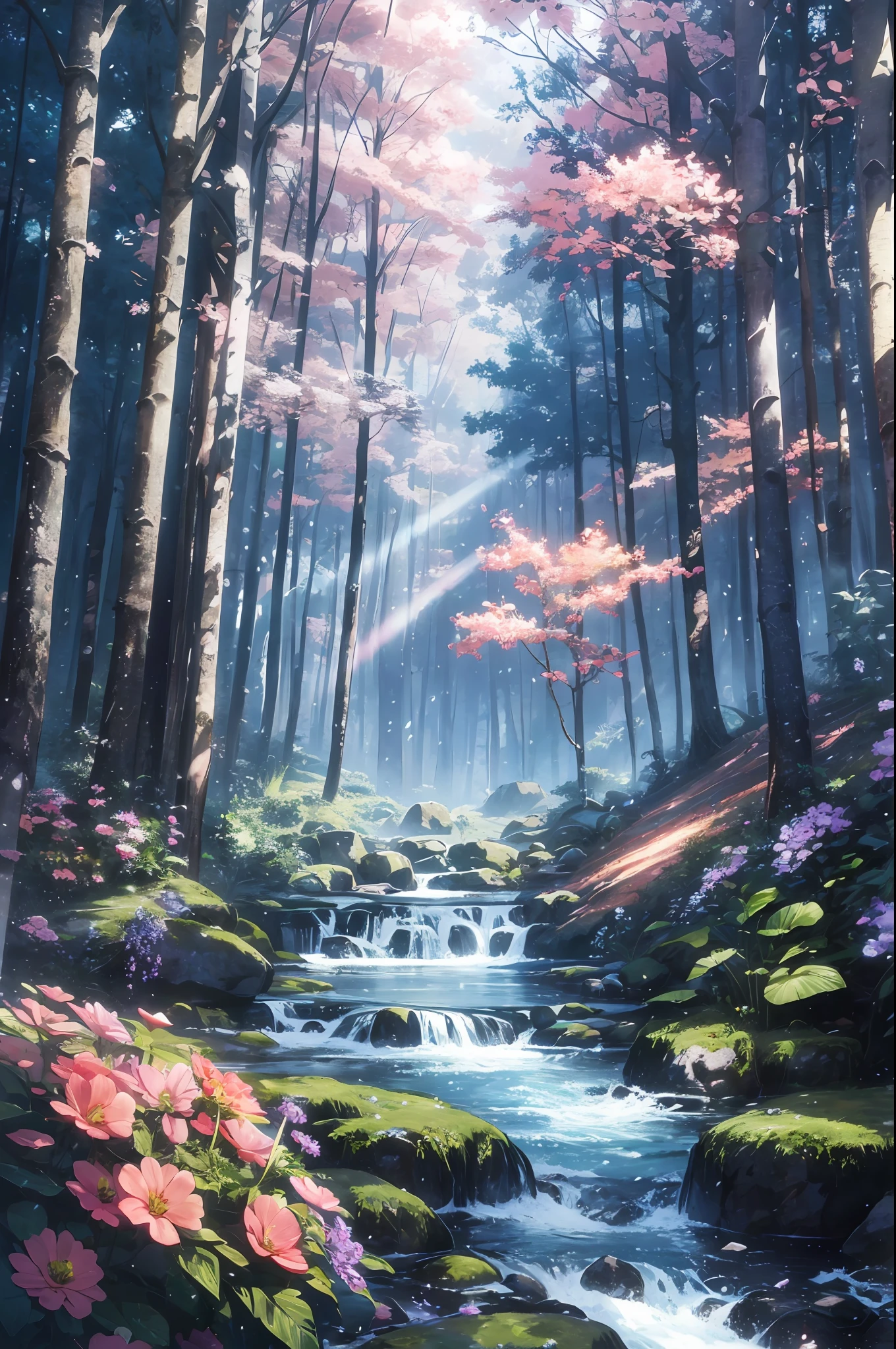 high res, ultra detailed, (no human:1.3), BREAK , Create an image using a rainbow prism effect, with light refracting and creating ethereal cinematic appearance. BREAK , Design an image with a cinematic lens , capturing a wide field of view with a distinctive, curved perspective. BREAK , Capture a dense forest path, with aged thick trees, rocks, streams, waterfall,trees with colorful flowers,dappled sunlight, and a sense of tranquility and natural beauty. BREAK , Illustrate a ethereal world, using only ethereal shades of nature to convey depth, emotion, and a striking visual impact --auto --s2