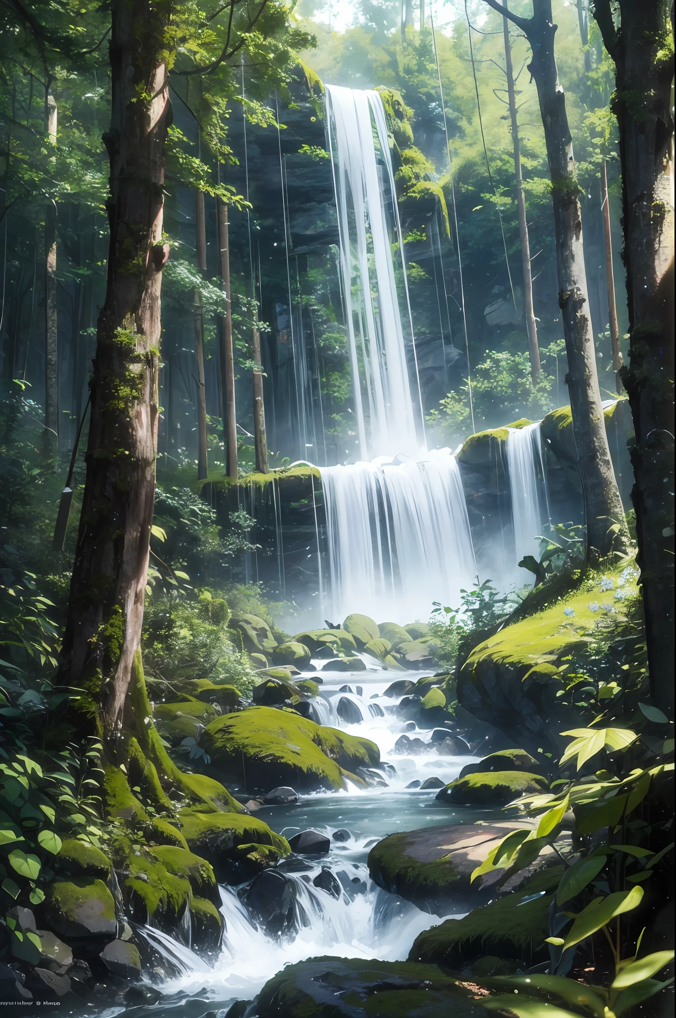 high res, ultra detailed, (no human:1.3), BREAK , Create an image using a rainbow prism effect, with light refracting and creating ethereal cinematic appearance. BREAK , Design an image with a cinematic lens , capturing a wide field of view with a distinctive, curved perspective. BREAK , Capture a dense forest path, with aged thick trees, rocks, streams, waterfall,trees with colorful flowers,dappled sunlight, and a sense of tranquility and natural beauty. BREAK , Illustrate a ethereal world, using only ethereal shades of nature to convey depth, emotion, and a striking visual impact --auto --s2