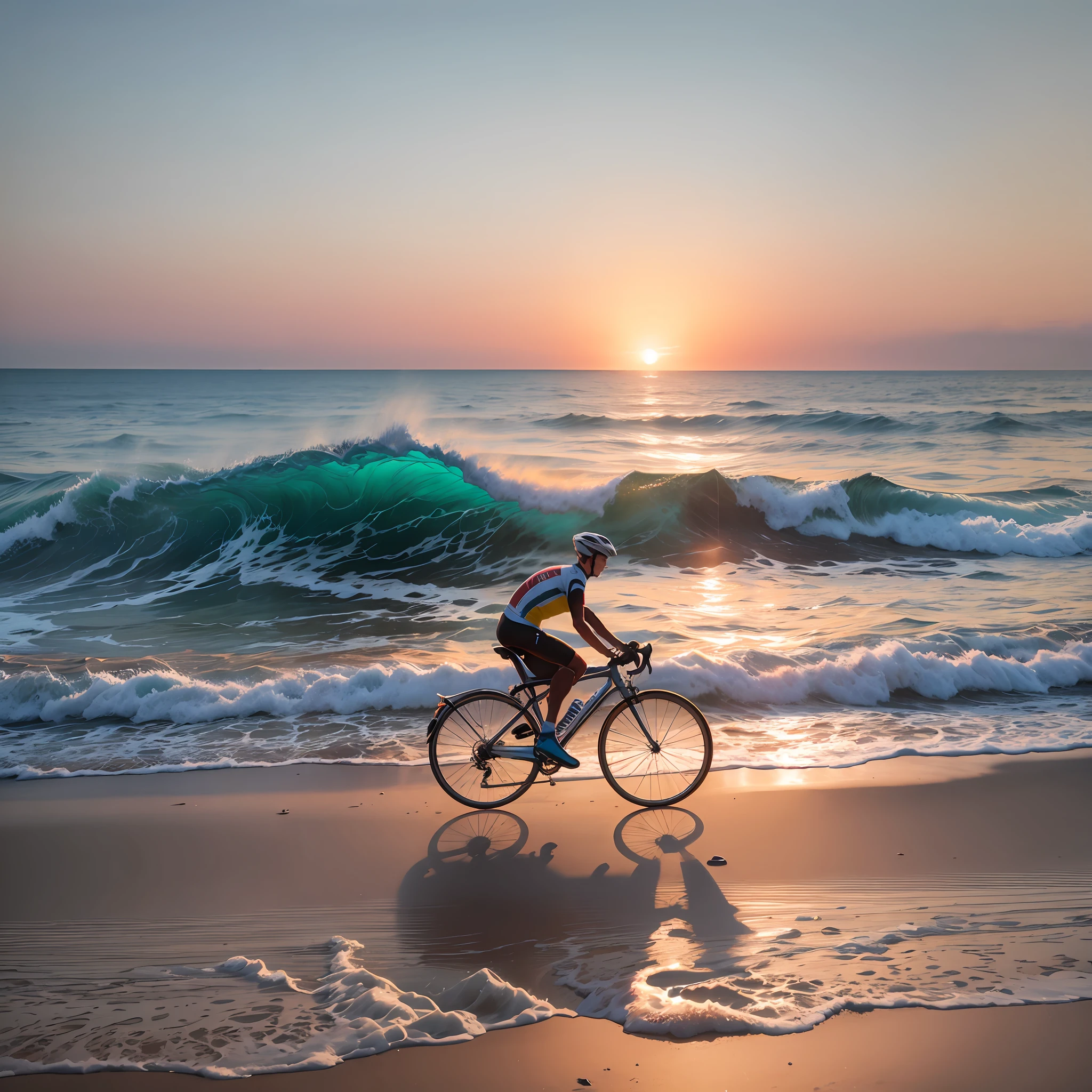 A cyclist cycling on a beach, opened sea, with waves and foams, during the sunrise. --auto --s2
