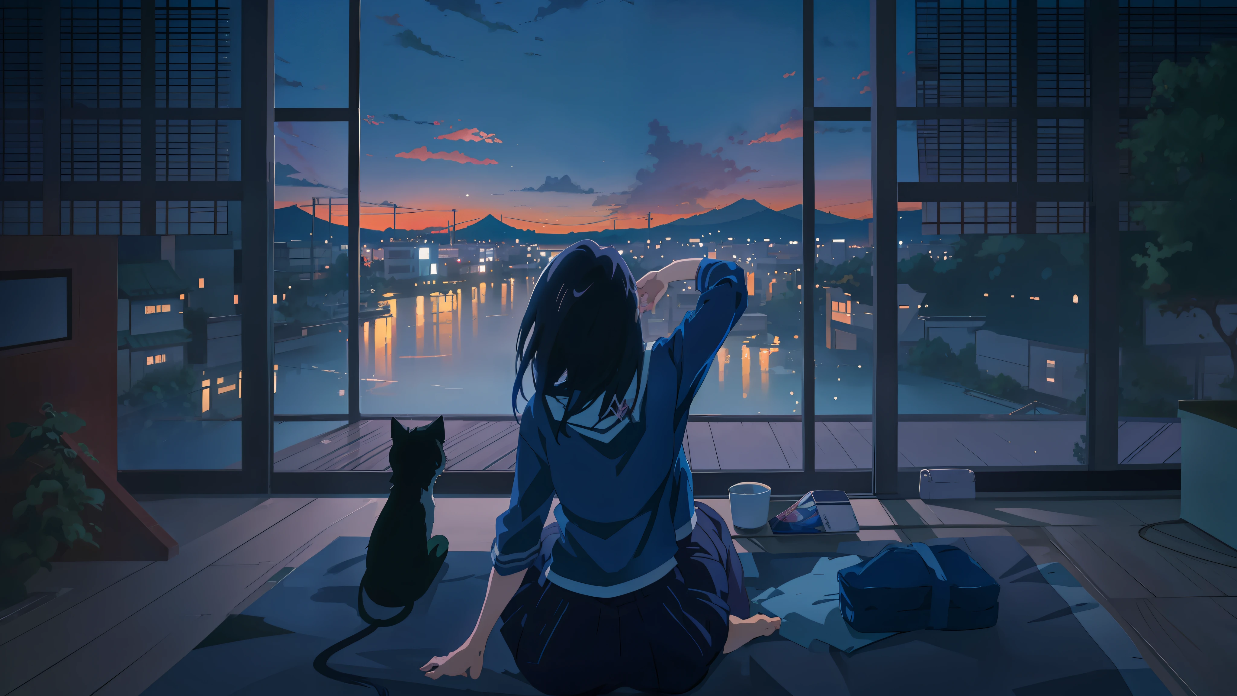 Anime girl sitting on the floor, watching the sunset outside the window, watching the sunrise, anime, cosmic sky. By Makoto Shinkai, Makoto Shinkai style, Makoto Shinkai Cyril Rolando, Tokyo anime scene, anime scene, Kyoto anime stills, beautiful anime scene, Kyoto animation style