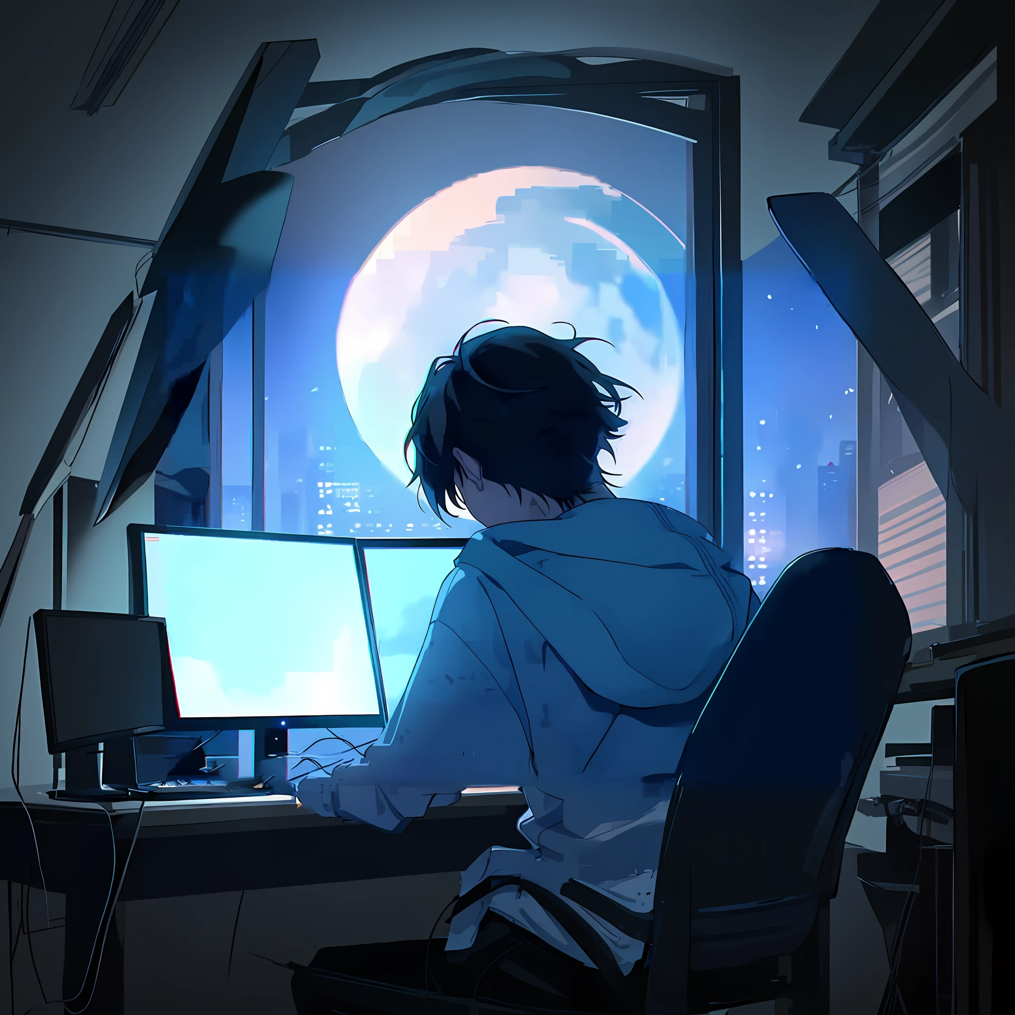 anime boy sitting at a desk with a computer and a monitor, anime aesthetic, 4k anime wallpaper, anime wallpaper 4k, anime wallpaper 4 k, anime art wallpaper 8 k, anime wallaper, anime background, high quality anime artstyle, nightcore, anime lover, anime art wallpaper 4 k, anime art wallpaper 4k, aesthetic award winning anime