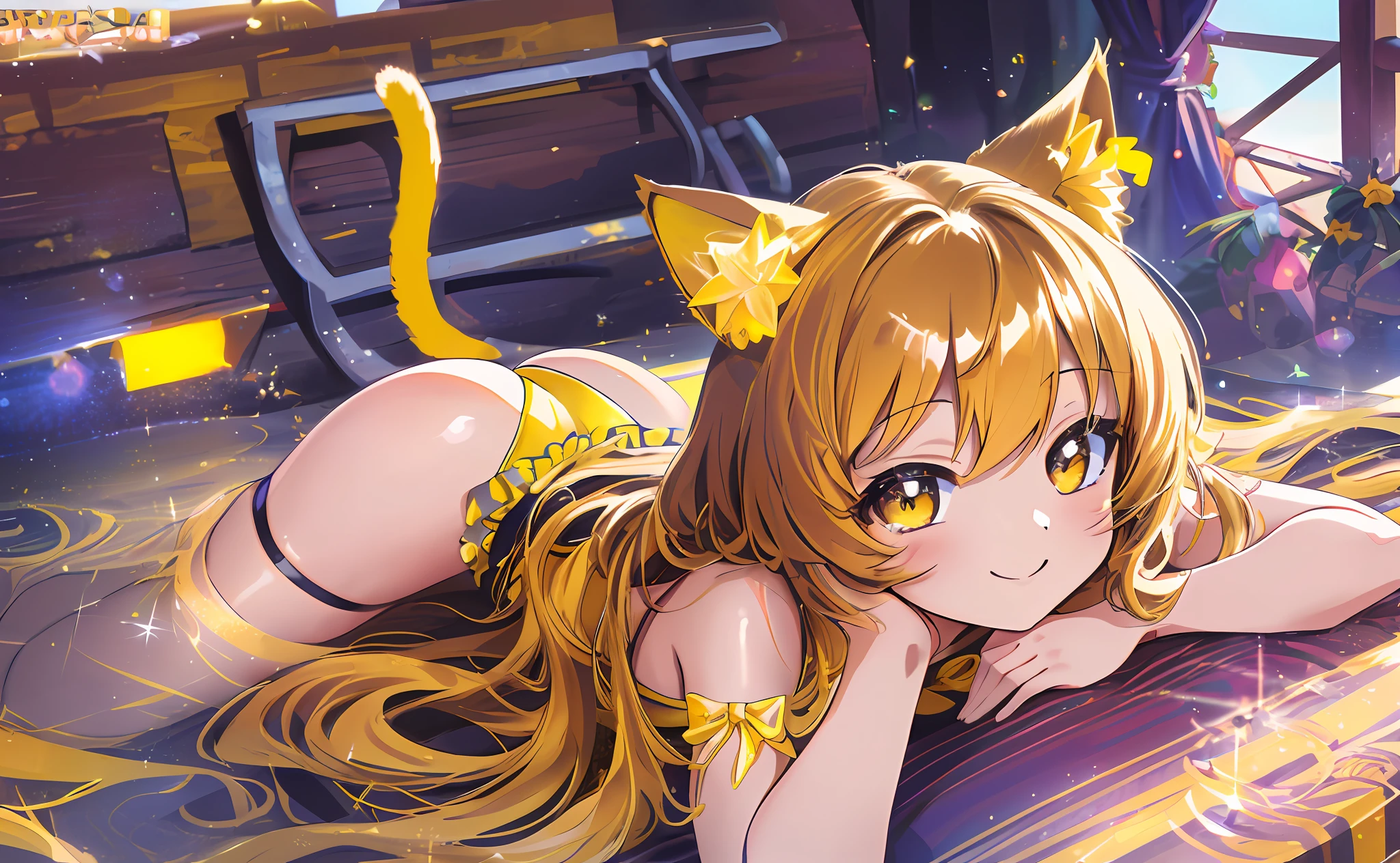 (Chibi Chibi: 1.3), Solo, Full Body, Shiny Yellow Bikini, Lying Down, Highly Detailed Face, (Smile: 1.4), Lively, (Gravure Pose: 1.5), Beautiful Detailed Eyes, Looking Up, (Eye Match), Light Brown Long Hair, Cat Ears, Neon, Masterpiece, Top Quality, Highly Detailed 8k Wallpaper