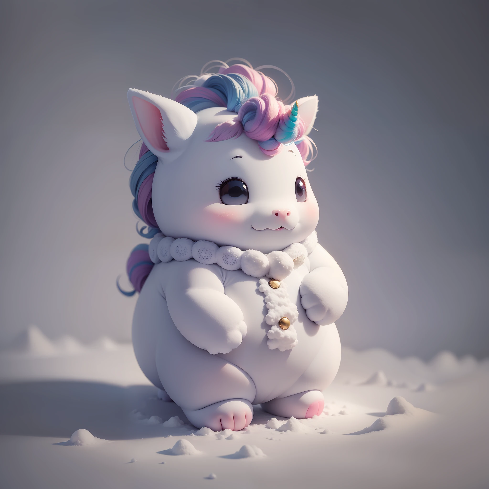 Cute unicorn, chubby, big head, short legs, no hair, snow-white all over, monochrome --auto --s2