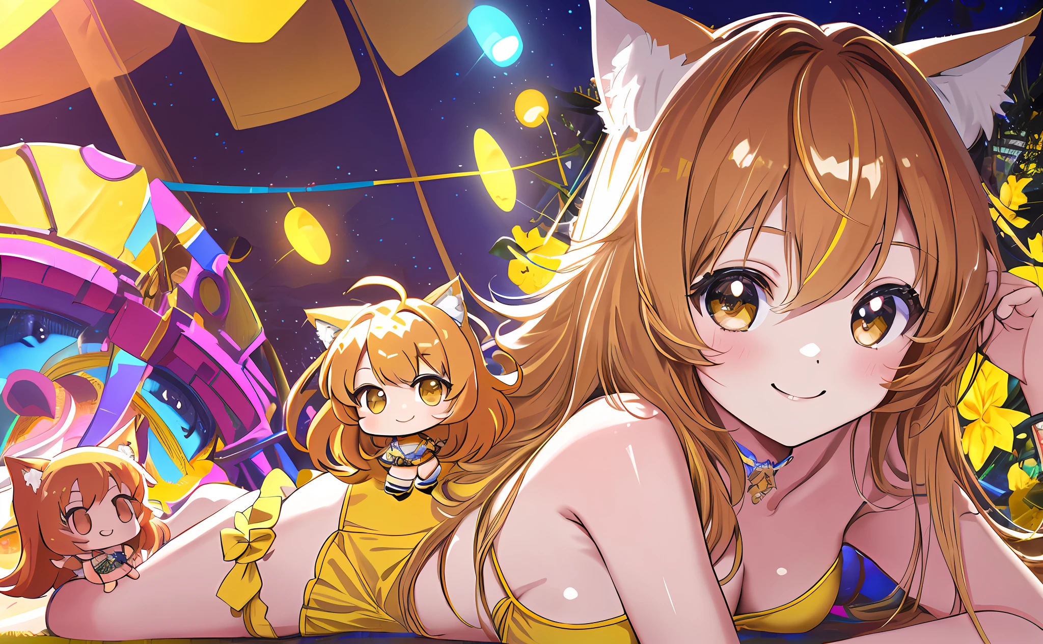 (Chibi Chibi: 1.3), Solo, Full Body, Shiny Yellow Bikini, Lying Down, Highly Detailed Face, (Smile: 1.4), Lively, (Gravure Pose: 1.5), Beautiful Detailed Eyes, Looking Up, (Eye Match), Light Brown Long Hair, Cat Ears, Neon, Masterpiece, Top Quality, Highly Detailed 8k Wallpaper