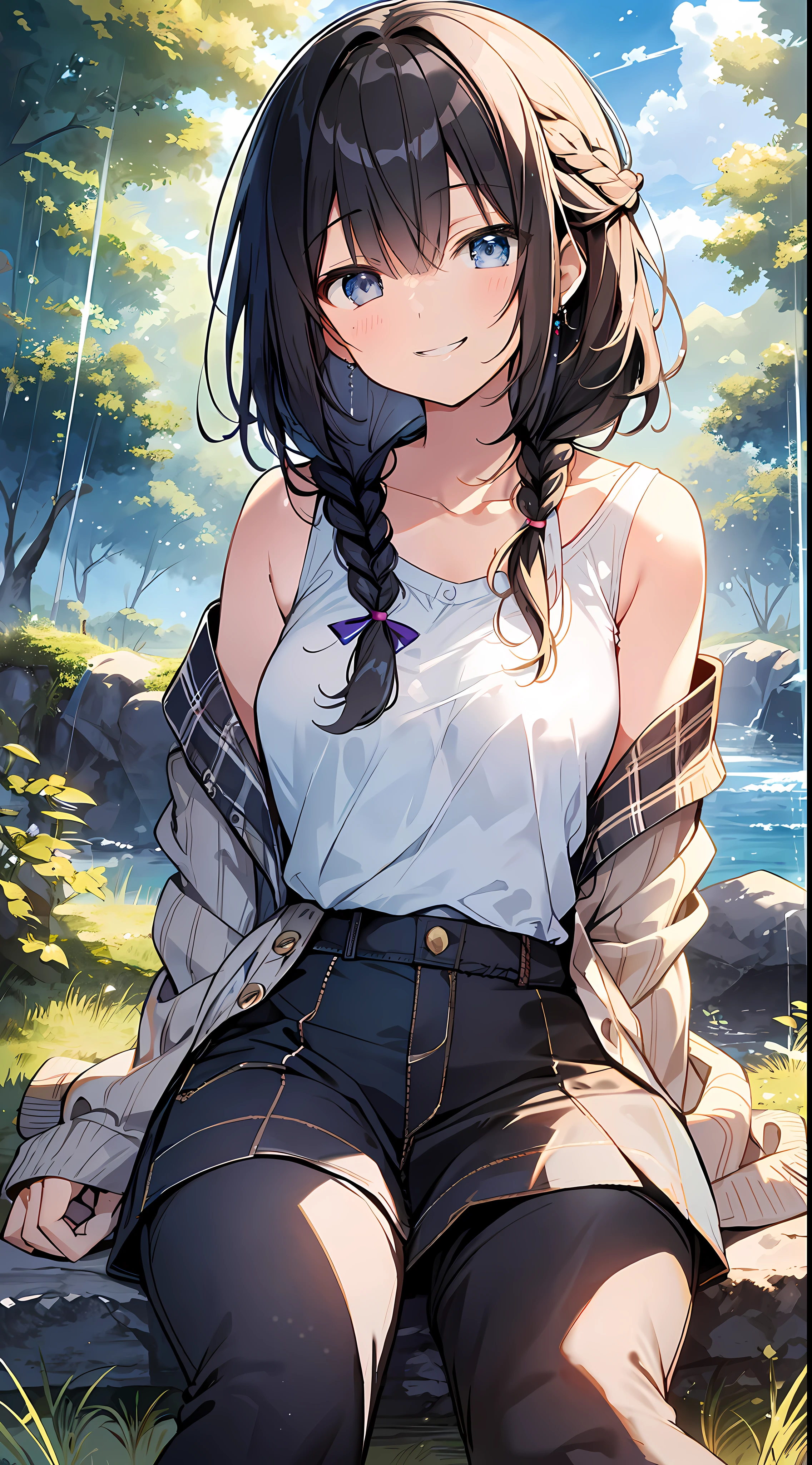 Top Quality, Masterpiece, Ultra High Definition, 8K, Summer Sky, Early Summer, (Pants, Sheer Cardigan, Sneakers), Shojo Manga Style Loli, One, Soft Line Art, Digital Enhancement, Shoujo Manga Touch, Shojo Manga Core, Flowing Fabric, Close Up, (Shoulder Length and Short Braid)), Wet Hair, Soft Drawing, Beautiful Black Hair, Clear Eyes, ((Teasing smile)) , Ultra-detailed digital anime art, clear face depiction, ultra-detailed shoujo manga character art, clear facial features, ultra-detailed manga style, top quality colors, hand gestures, landscape with nature, looking up at the sky, angle to see up to your feet, sit