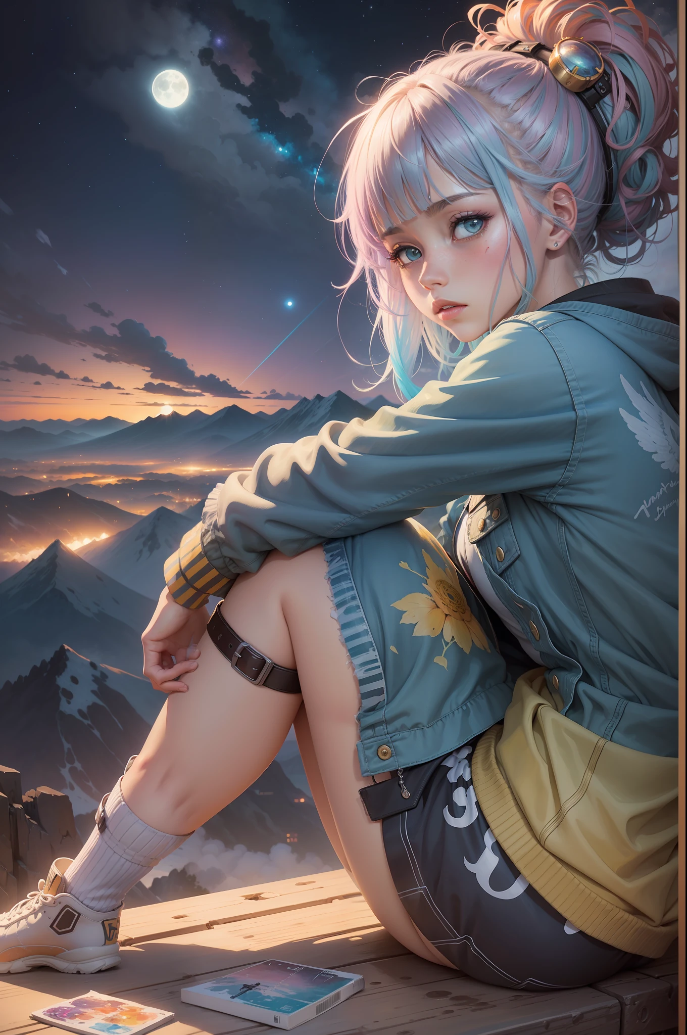 Beautiful anime watercolorpainting of summerpunk girl. Sitting on a top of a mountain playing Guitar, full moon sky, dark night Background, paint dripping by tim okamura, victor nizovtsev, greg rutkowski, noah bradley. trending on artstation, 8k, masterpiece, graffiti paint, fine detail, full of color, intricate detail, golden ratio illustration, --auto --s2