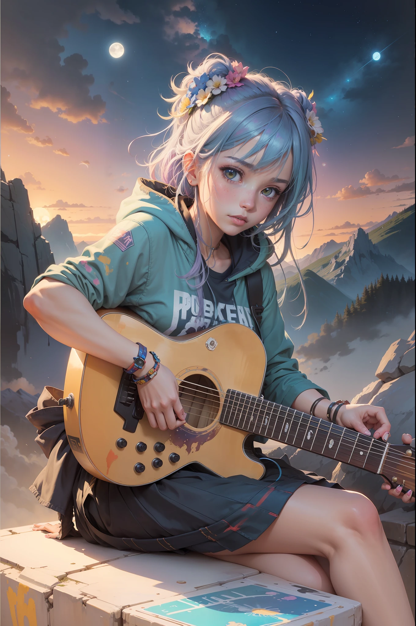 Beautiful anime watercolorpainting of summerpunk girl. Sitting on a top of a mountain playing Guitar, full moon sky, dark night Background, paint dripping by tim okamura, victor nizovtsev, greg rutkowski, noah bradley. trending on artstation, 8k, masterpiece, graffiti paint, fine detail, full of color, intricate detail, golden ratio illustration, --auto --s2