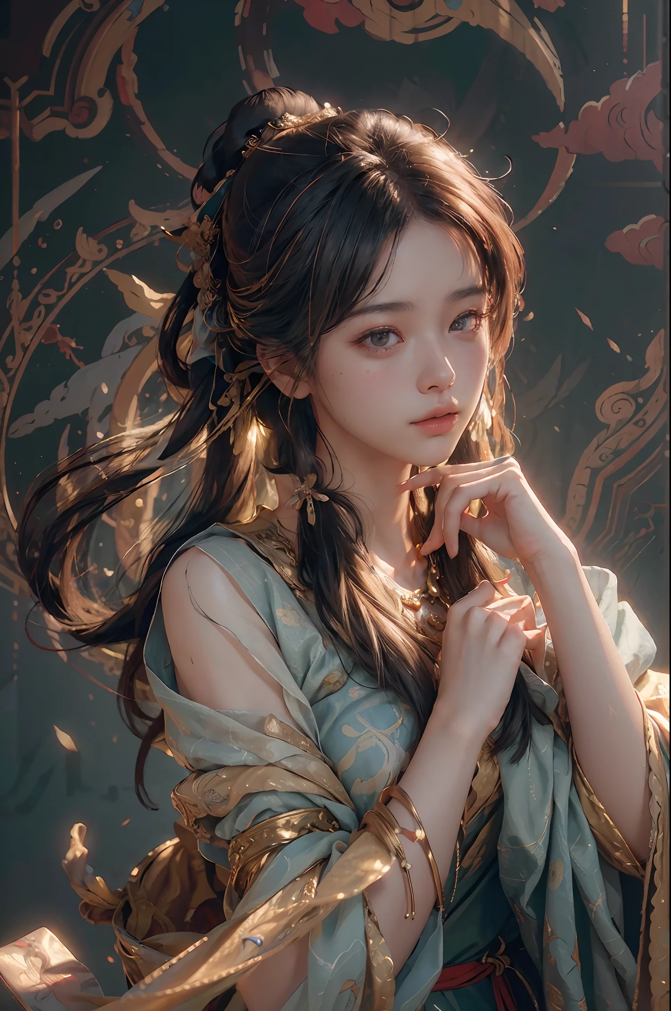 (RAW photo, best quality), (realistic, photo-realistic:1.3),best quality,highly detailed,masterpiece,ultra-detailed,illustration,1girl,upper_body,dynamic angle,world masterpiece theater,messy_long_hair,best quality,extremely detailed CG unity 8k wallpaper,ink,Amazing,cinematic lighting,lens_flare, dunhuang_style