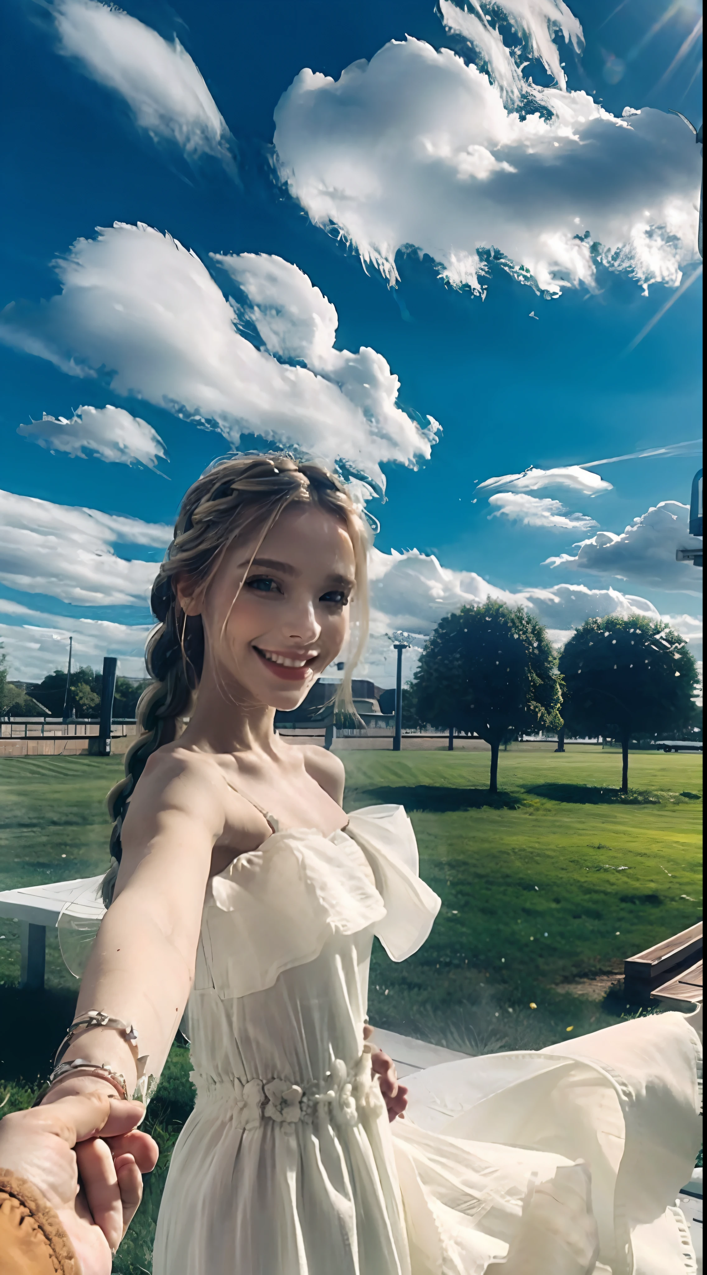 1 girl, solo, dress, blonde, green eyes, braids, white dress, outreach, turn back, hold hands, first view, outdoors, look at the audience, clouds, bare shoulders, sky, smile, wind