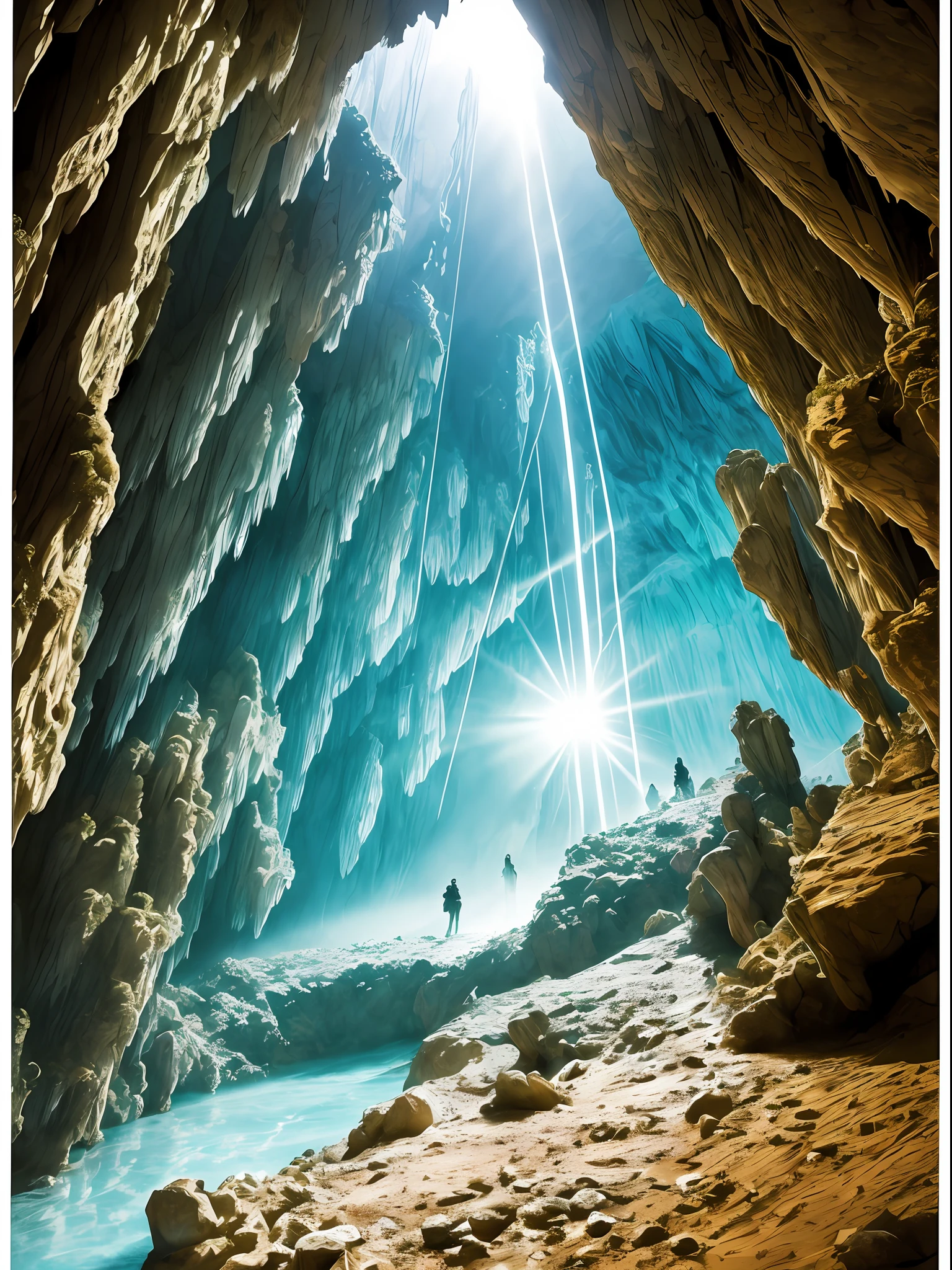 Magazine cover on speleology: best illustration, ultra-detailed, high-resolution, cave exploration, mysterious atmosphere, powerful light beams, misty background, intense shadows, tremendous natural beauty, underground river, stalactites and stalagmites, dramatic perspective, unique photographic angle. --auto --s2